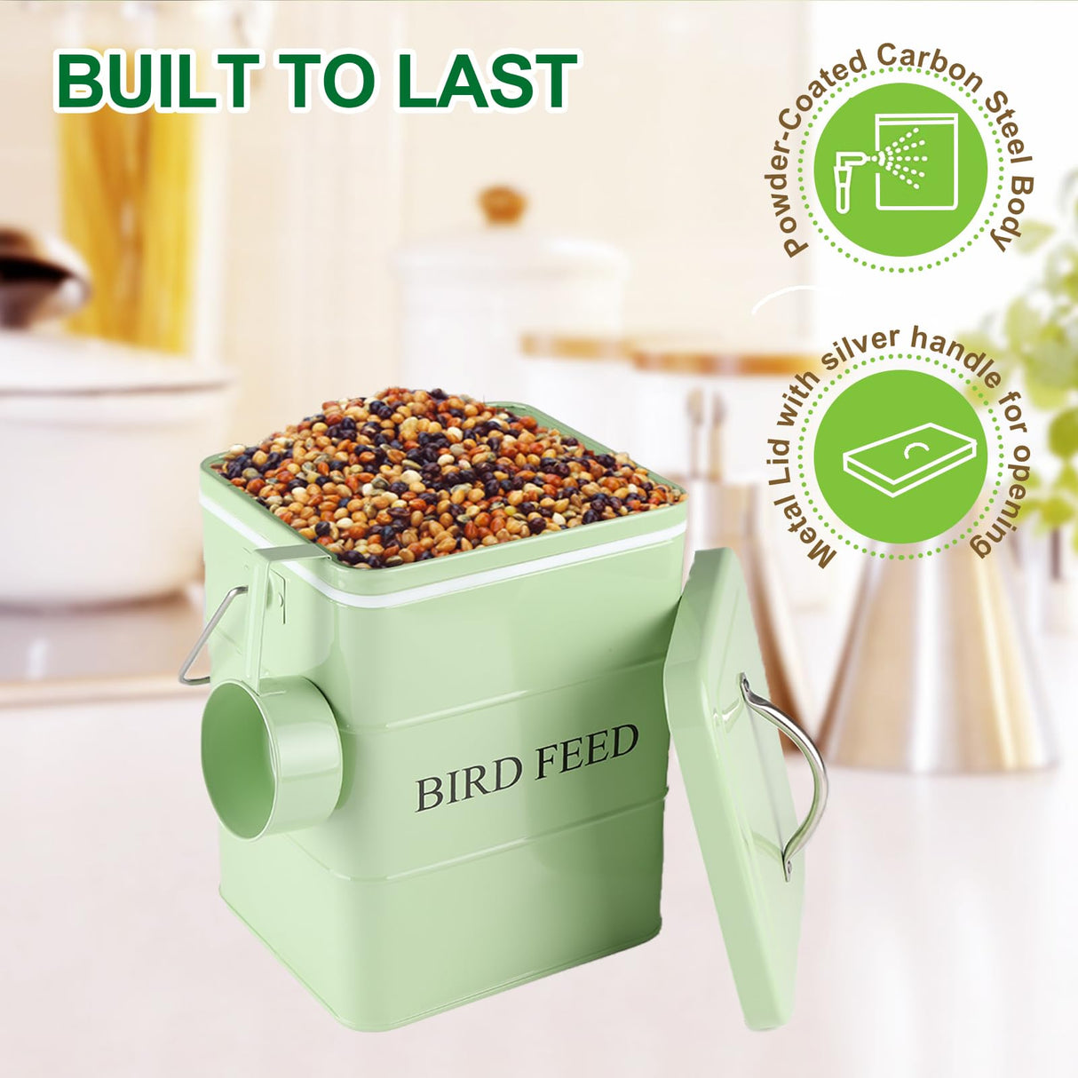 Brabtod Bird Seed Storage Container Airtight,5~6LB Metal Bird Food Container with Scoop,Wild Bird Seed Tin for Storing Sunflower Seed-Ideal for Outdoor or Indoor-Squirrel proof -Green
