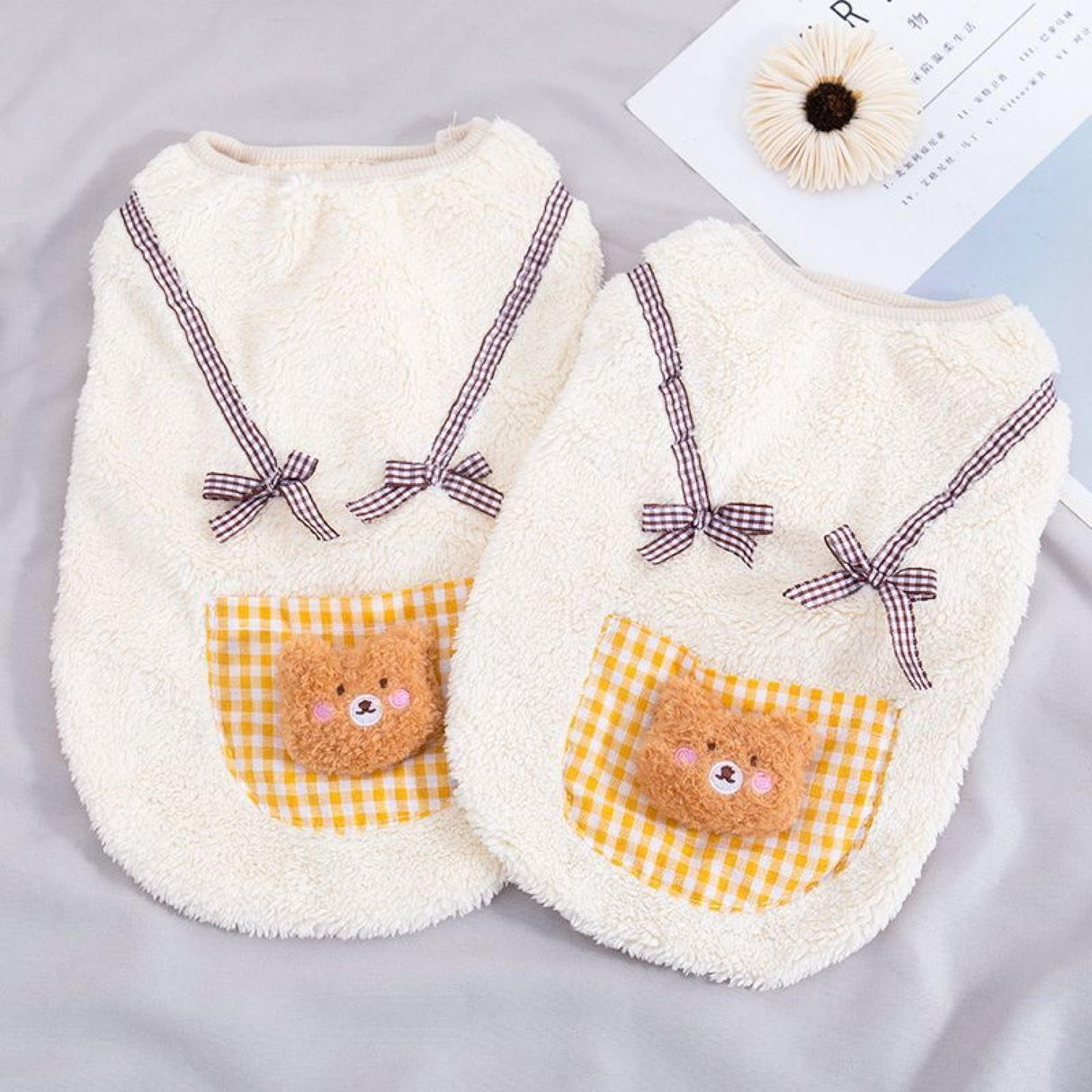 Cute Cat Apparel with Bow and Plaid Pocket Plush Dog Pullover Sweater Warm Soft Kitten Turtleneck for Indoor Cats and Small Medium Dogs (Yellow, M (3.3-6.6lbs))