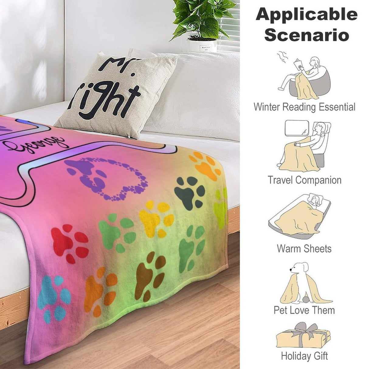 Personalized Paw Print Dog Blanket With Pets Name, Custom Pet Name Blanket for Small Dogs, Flannel Puppy Blanket, Dog Memorial Gifts for Loss of Dog, Pet Loss Sympathy Remembrance Gifts