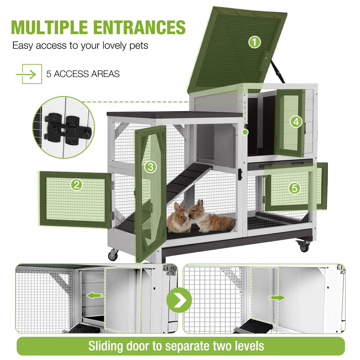 Gutinneen 2-Story Rabbit Hutch Bunny cage with Chew-Proof Ramp, Locking Leak-Proof Trays - Indoor/Outdoor 39.3" Wooden Rabbit Cage with Wheels for Rabbits, Guinea Pigs, Small Animal (Black and White)