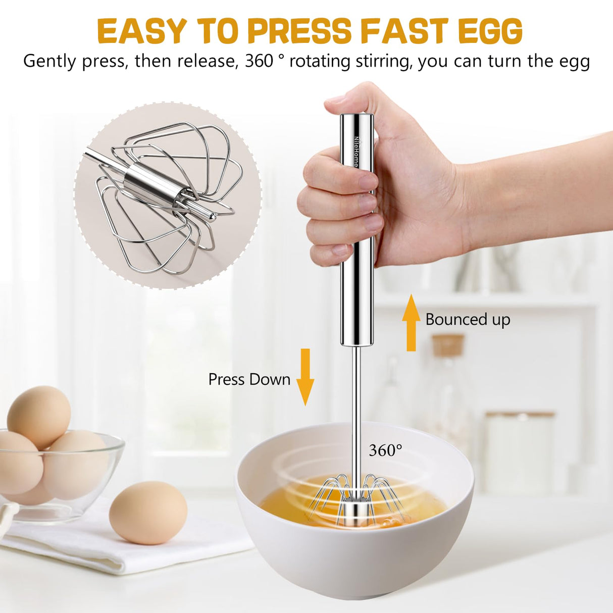 Stainless Steel Whisk 8" Hand Blender + 10" Semi-Automatic Rotary Kitchen Whisk Kitchen Wisk Wire Whisks for Cooking, Whisking, Blending, Beating, Stirring- 2 Pack...