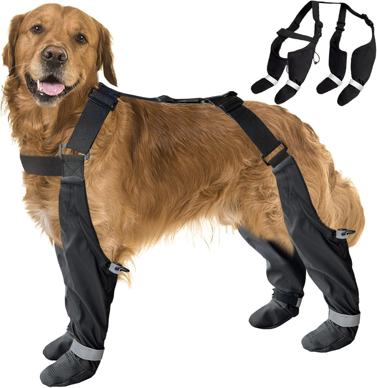 Dog Suspender Boots, Large Dog Rain Boots, Waterproof Doggy Winter Boot Snow Pants, Paw Protectors Legging Shoes with Suspenders,Anti-Slip Reflective Rain Boot for Walk Hike Outdoor Snowy(M,Blacke)