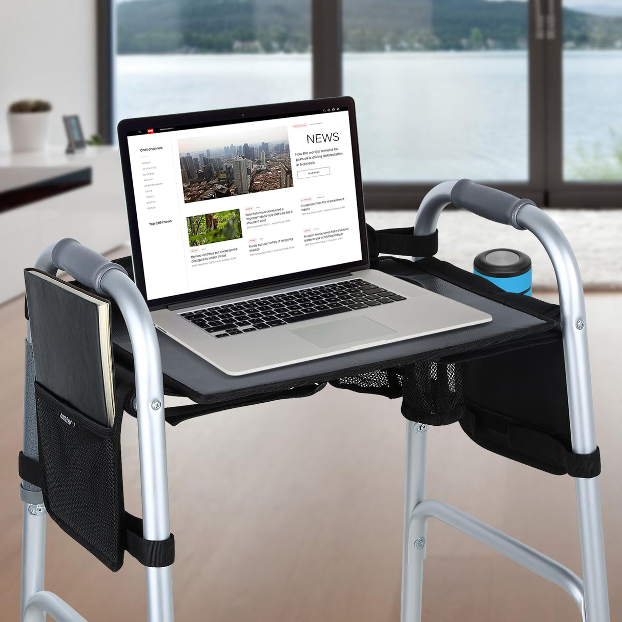 HOOMTREE Walker Tray for Folding Walker, Mobility Table Trays for Walkers for Seniors with Cup Holder,Walker Trays for Rolling Folding Walker,Walker Accessories for Elderly (Black with Pockets)