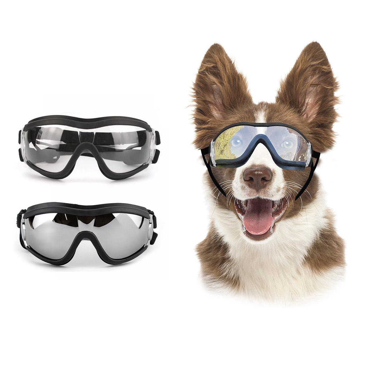Billionchains Pack of 2 Dog Goggles Dog Sunglasses for Medium to Large Breed Anti-UV Eye Protection with Adjustable Straps- Silver & Transparent
