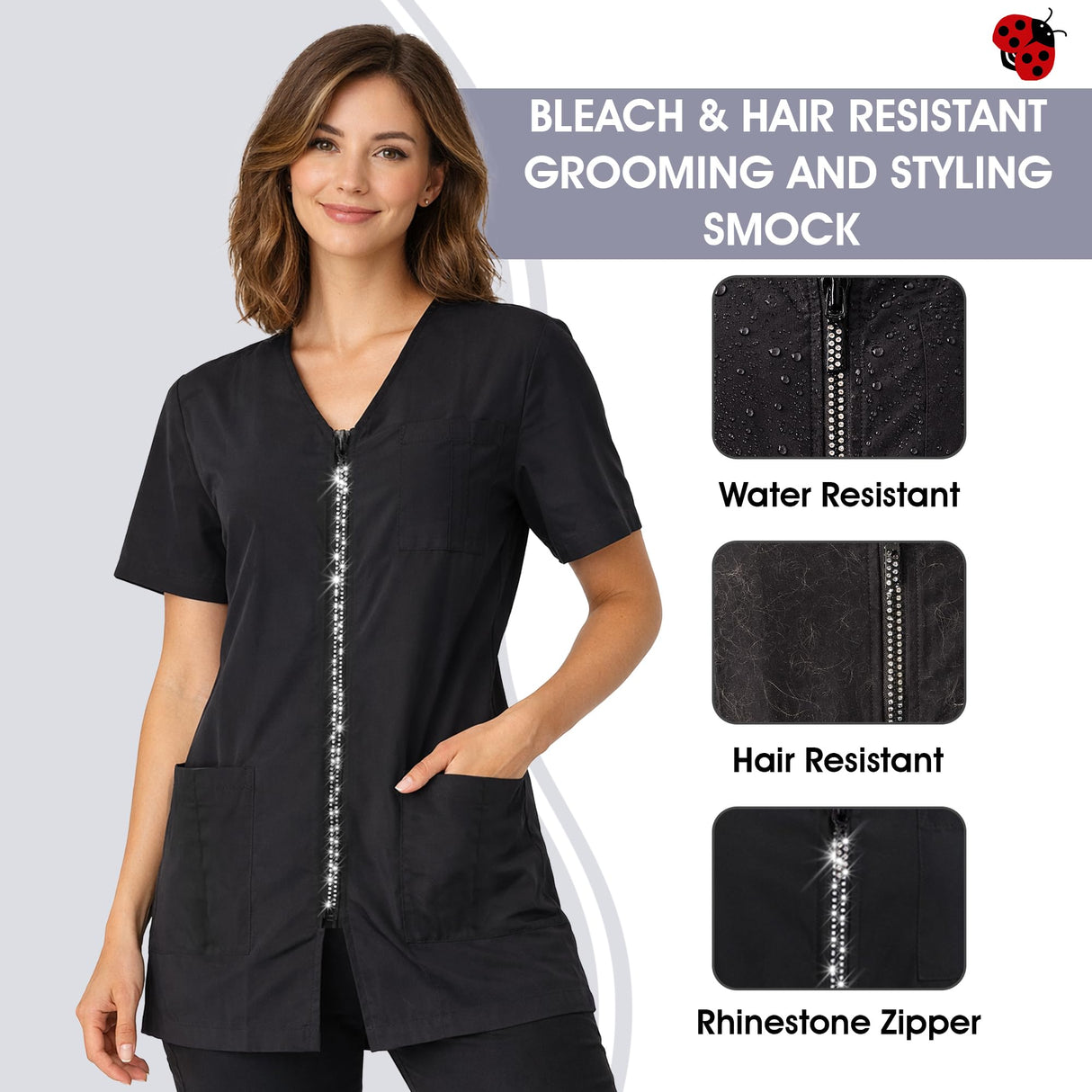 Ladybird Line 650 V Neck Adjustable Rhinestone Zipper Pet Grooming & Styling Jacket, Pleated Back Detail, 2 Front Pockets, Water Resistant, Bleach Hair Resistant Smock Pet Groomers Hair Stylists - XS