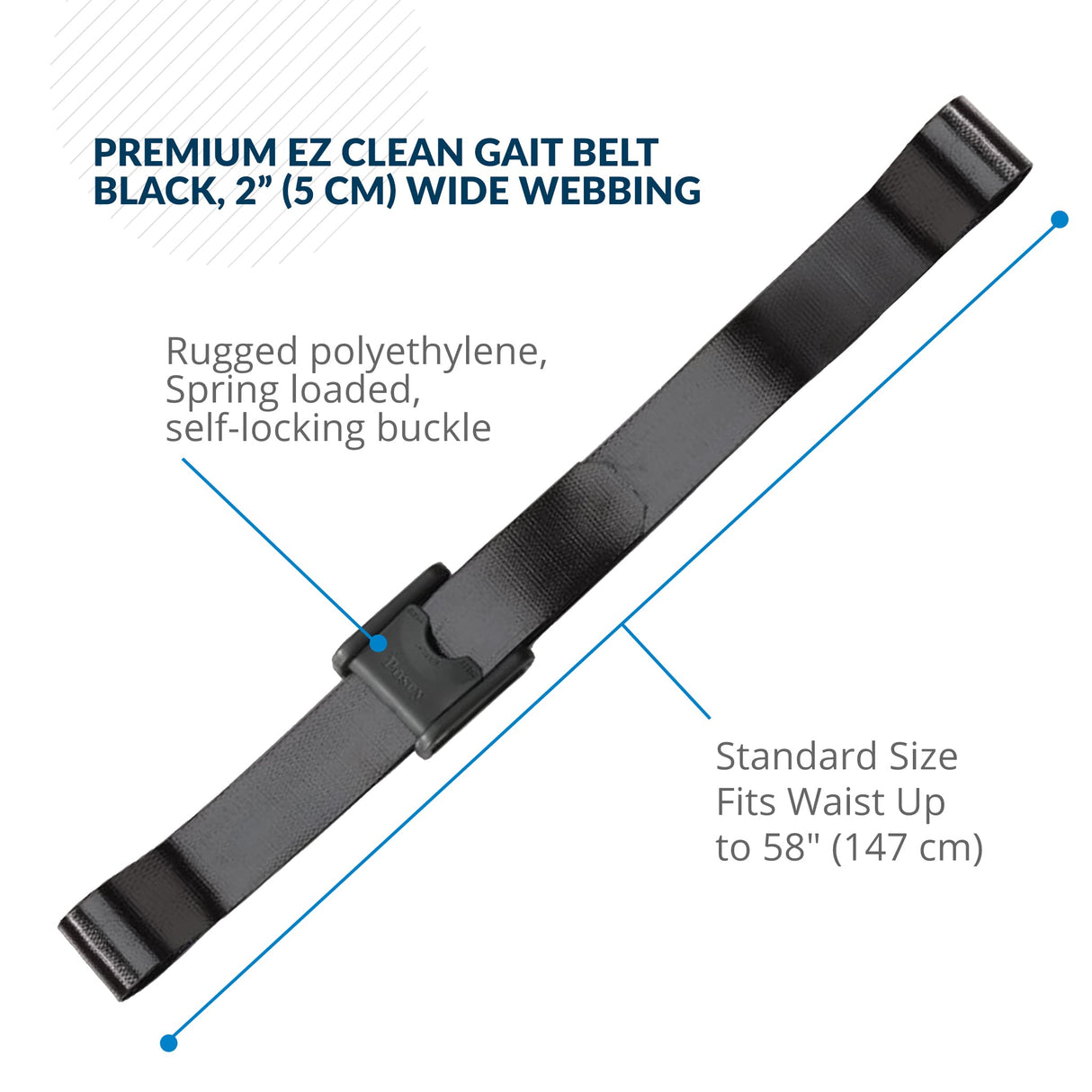 Posey 6546 Premium EZ Clean Gait Belt with Spring-Loaded Buckle, Black, 60"