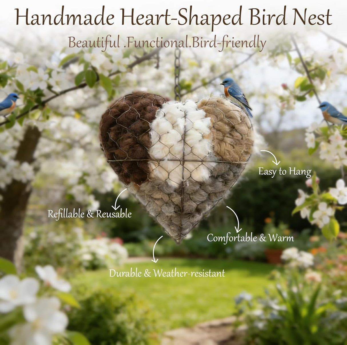 YAGUAN 1Set Handmade Fiber Bird Nesting Heart, Refillable Birds Haven 1 Heart Shape Hummingbird Nesting and 2 Bags of Nest Materials, Winter Fowl Gifts Animal Hummingbirds Lovers Home Garden Yard