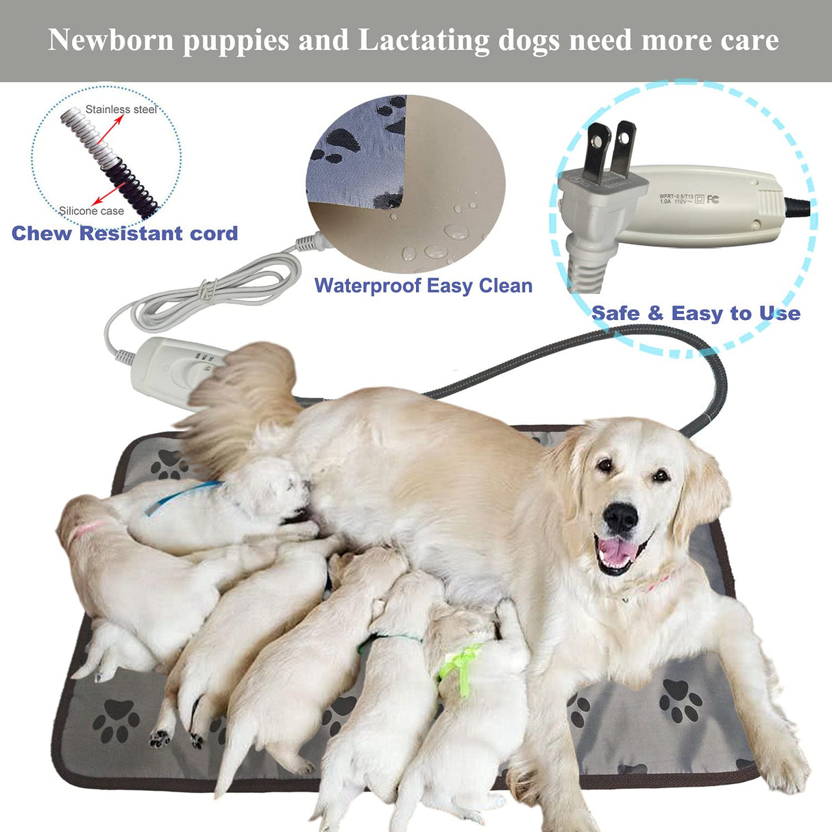 DEOMAN Waterproof Pet Heating Pat for Dogs & Cats - Chew-Resistant Cord, Temperature Adjustable,Power-Off Protection - Fits Whelping Box, Dog House (34"x21")