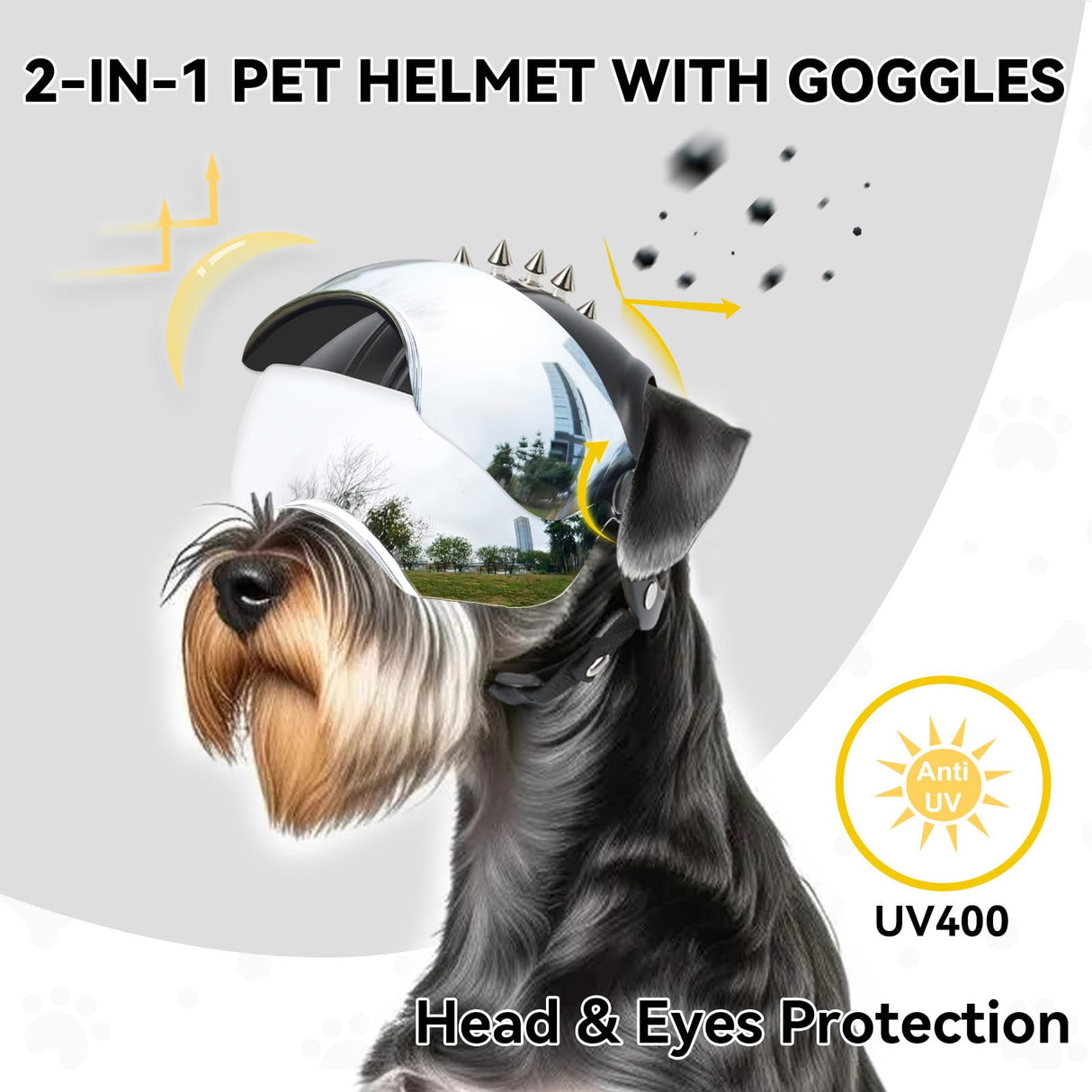 PETLESO Small Dog Helmet, Pet Motorcycle Helmet with Ear Holes, Adjustable Pet Safety Hat with Flip-Up Silver Visor, Small-Medium Puppy Heads Protection, Spiked