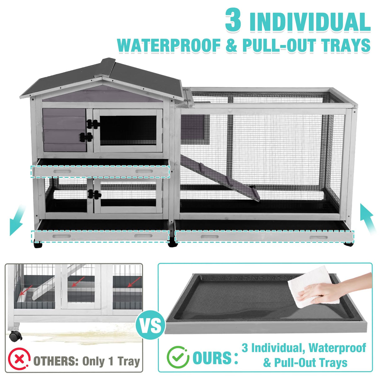 Suumerpety 62" Rabbit Hutch with Chew-Proof Ramp & Waterproof Roof - Indoor/Outdoor Bunny Cage, 2-Story Design, 6 Lockable Caster Wheels & Dual Pull-Out Trays (Grey)