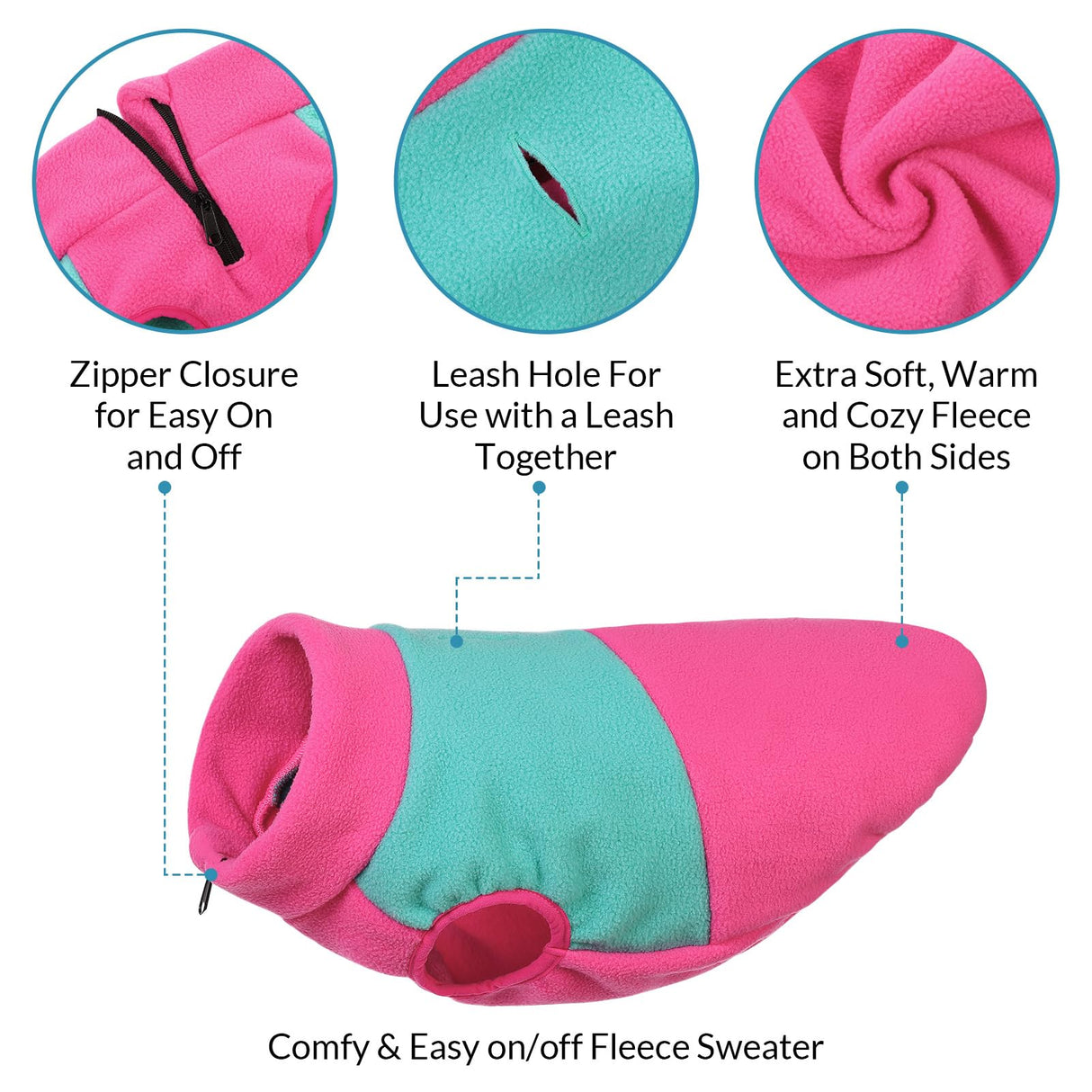 Queenmore Fleece Sweater Vest Jacket for Dogs, Pet Sweatshirt Winter Clothes for Boys Or Girls, Large Medium Small Sizes, Fuchsia/Mint, S