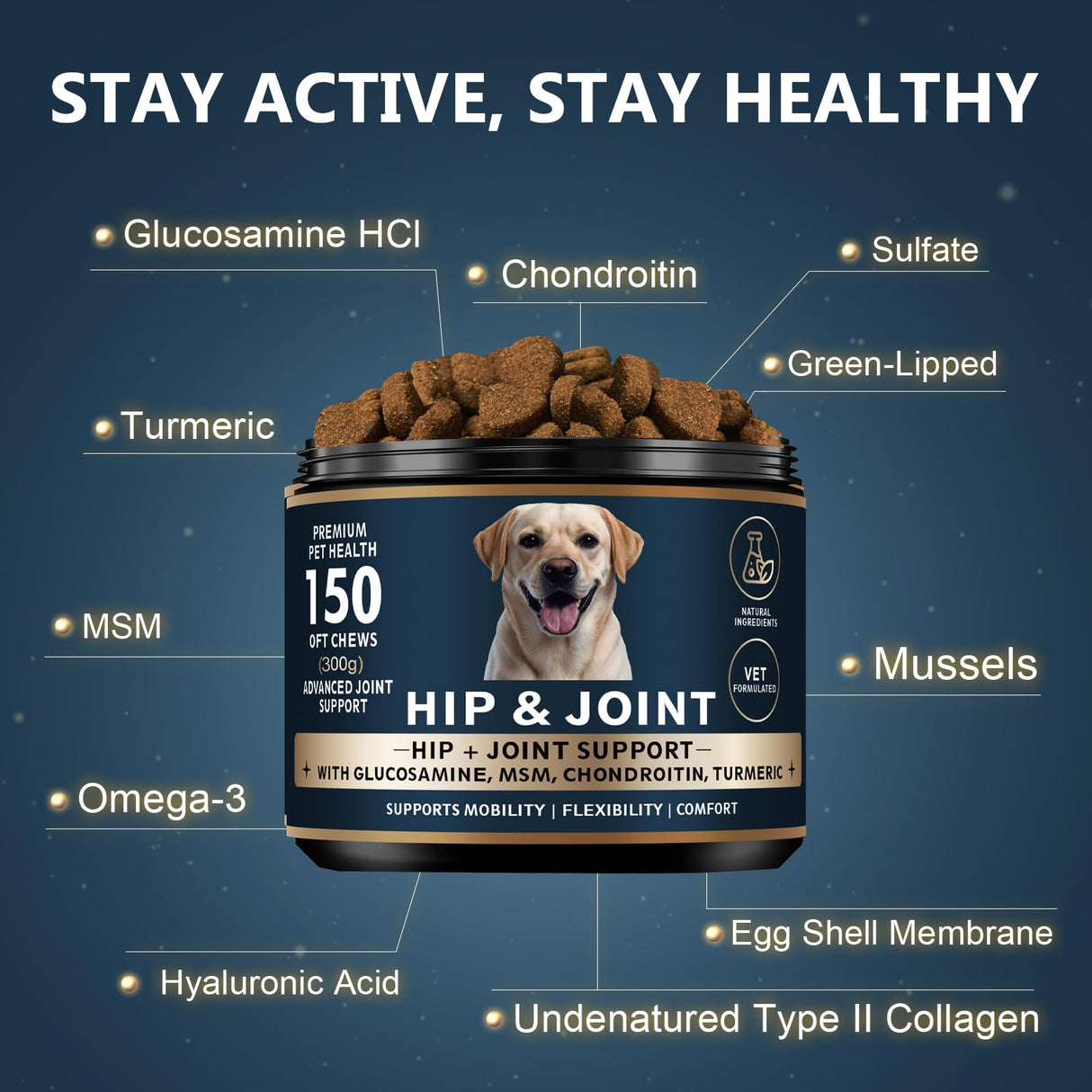 Glucosamine for Dogs - 150 Soft Chews, Hip & Joint Supplement with MSM, Chondroitin, Turmeric – Joint Support for Dogs Chicken Flavor – Vet Formulated – 2-Month Supply