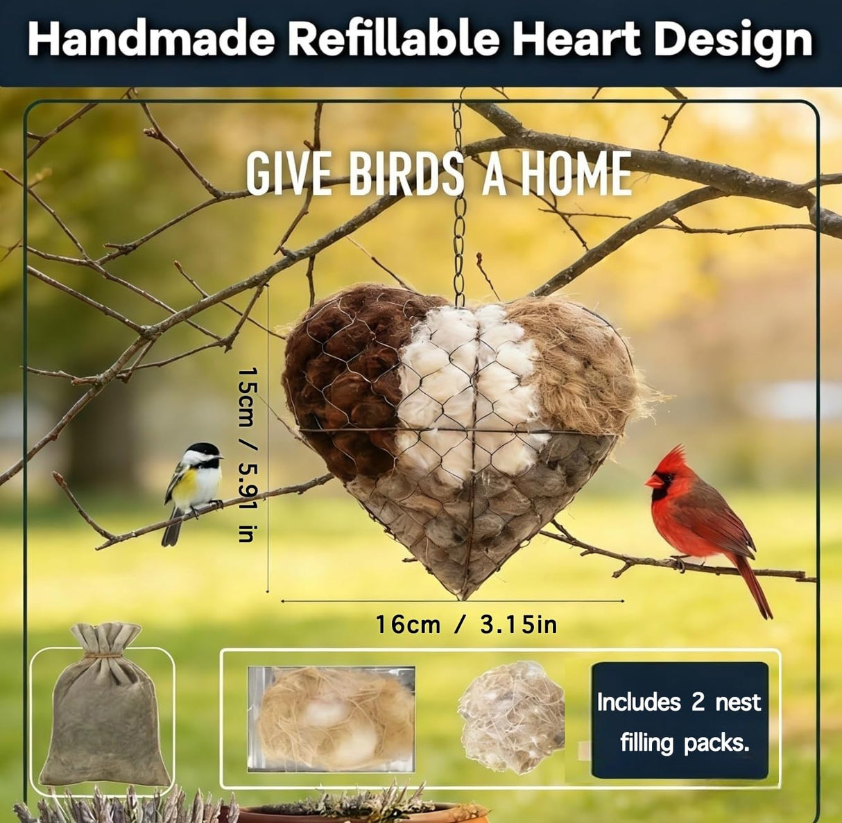 YINGBALHL Handmade Alpaca Fiber Bird Nesting Heart – Refillable Bird Haven with 2 Nesting Material Refill Bags – Eco-Friendly Hanging Nest for Hummingbirds & Wild Birds, Garden & Yard Décor (1Set)