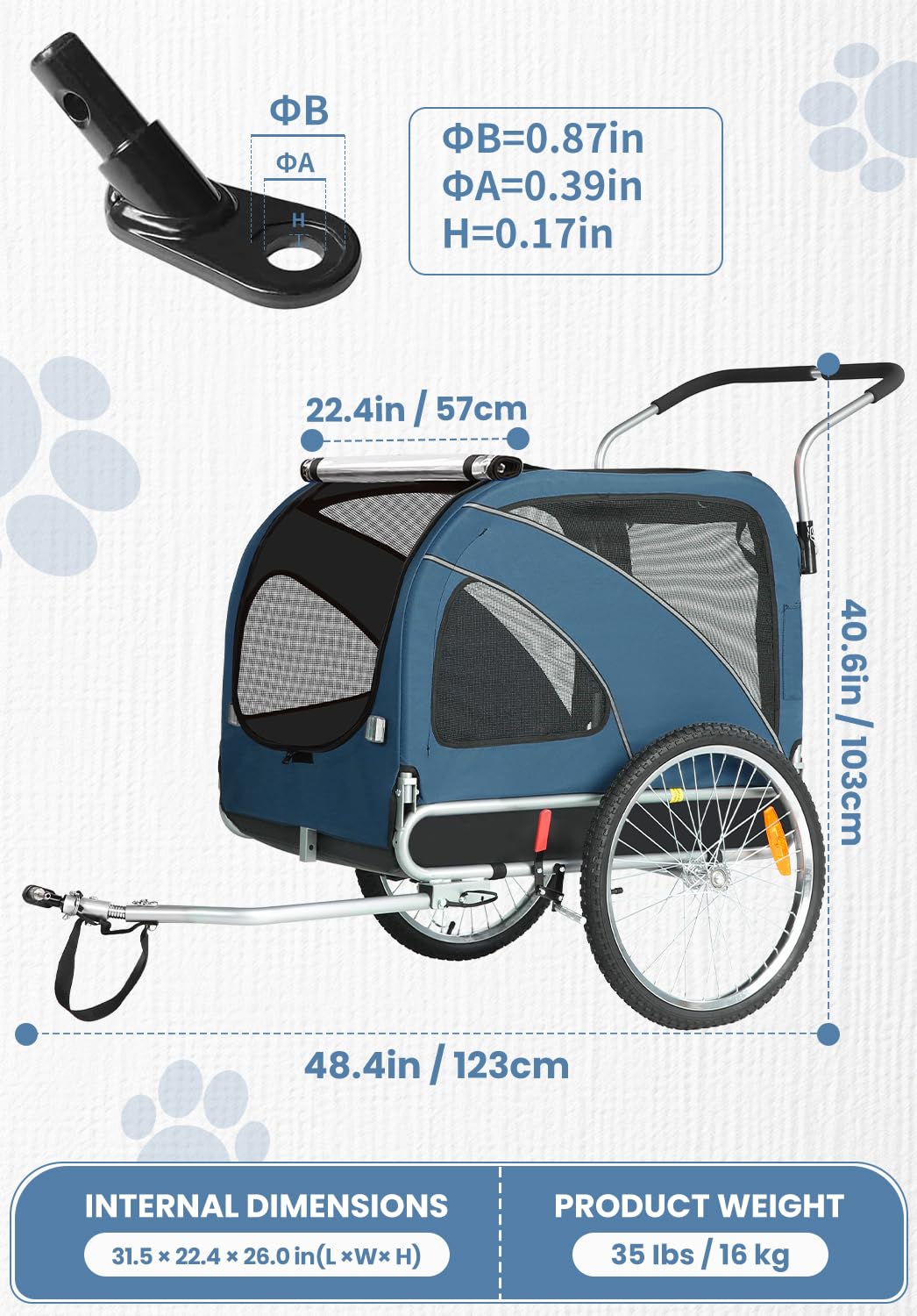 Sepnine 2 in 1 Pet Bicycle Trailer with a 6" Stroller Wheel Suitable for Small and Medium Dogs, Carrier Up to 66/88 LBS, Easy Folding Cart Frame, Quick Release Wheel, Universal Bicycle Coupler