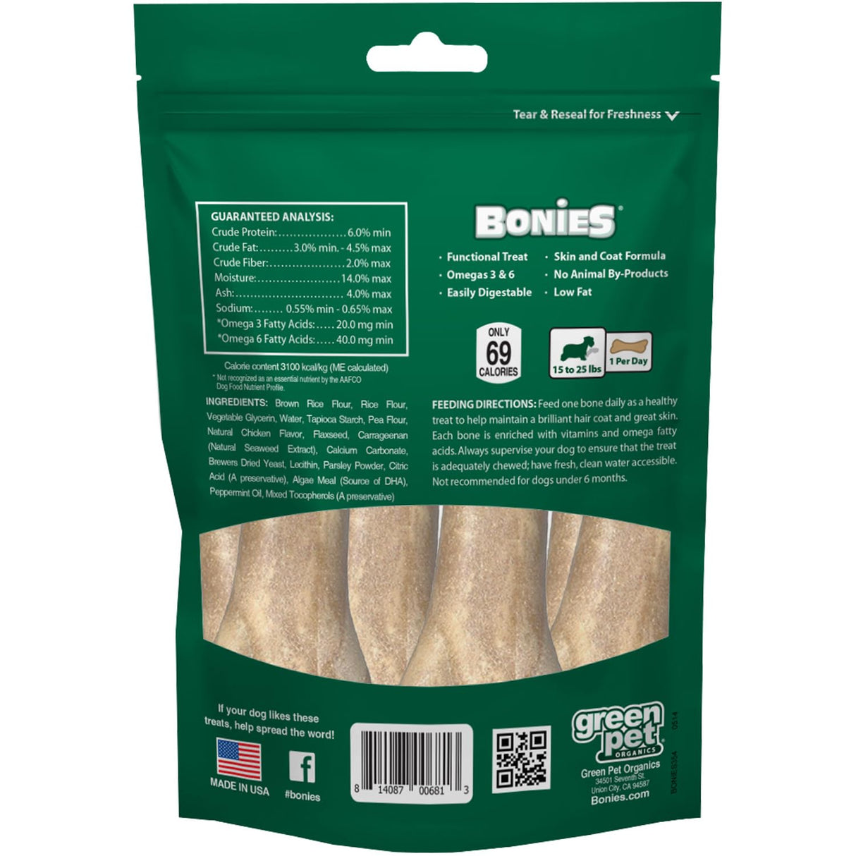 Bonies Natural Skin & Coat Formula Small-Sized Single Bone - Promote Silky Coat & Healthy Skin, Healthy Teeth & Fresh Breath, Low Calories - Chicken Flavor, Small Dogs, 15 Count