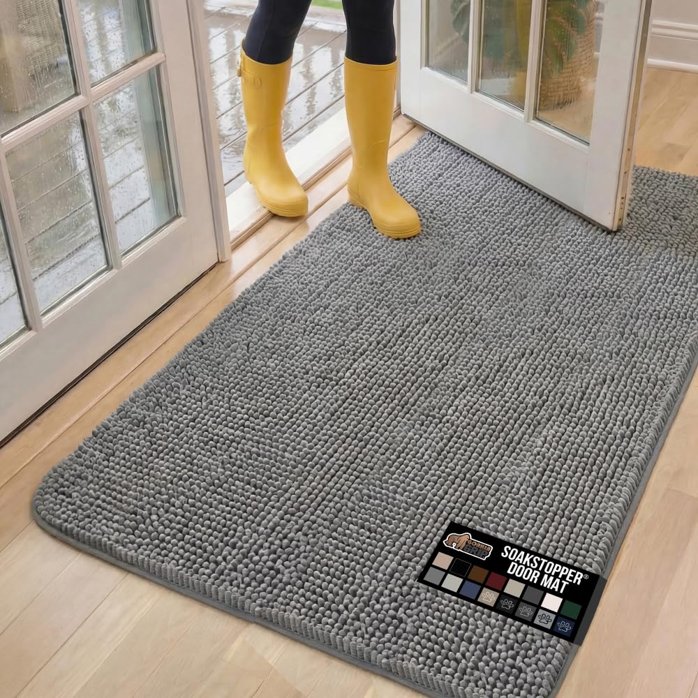 GORILLA GRIP SoakSTOPPER Dog Door Mat, 60x36 Machine Washable Rug Absorbent Doormat Captures Moisture Mud Dirt, Quick Dry Soft Chenille Entryway Rugs Indoor Entrance Mats for Dog Paws, Grey