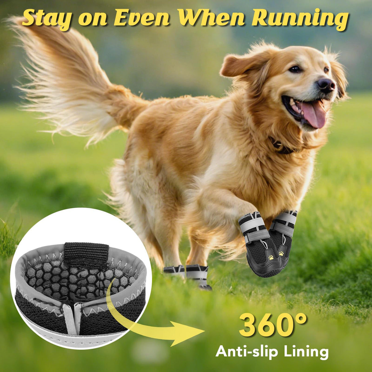 LUCKYPAW Dog Shoes for Large Medium Dogs, Breathable Dog Boots for Hot Pavement, Paw Protectors for Summer Walking Hiking Winter Snow Outdoor, Non Slip Reflective Booties for Hardwood Floor (Black, 4)