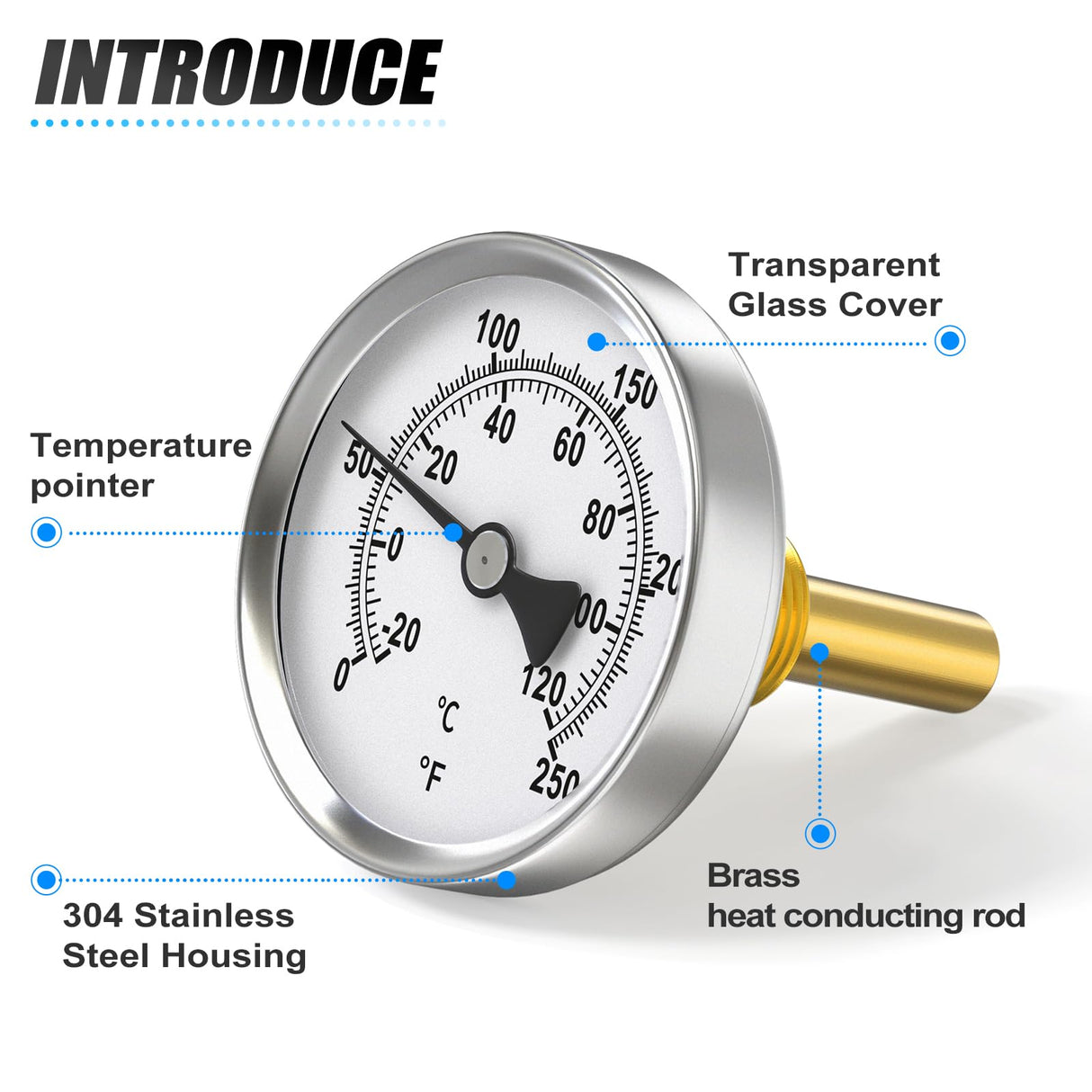 MEANLIN MEASURE 1/2" NPT Bimetal Thermometer for hot Water, boilers, and Pipes,2-1/2" Dial, 2-1/4" Lead-Free Brass Stem,Temperature Range 0-250°F/-20-120°C,Center Back Mount (Pack of 2