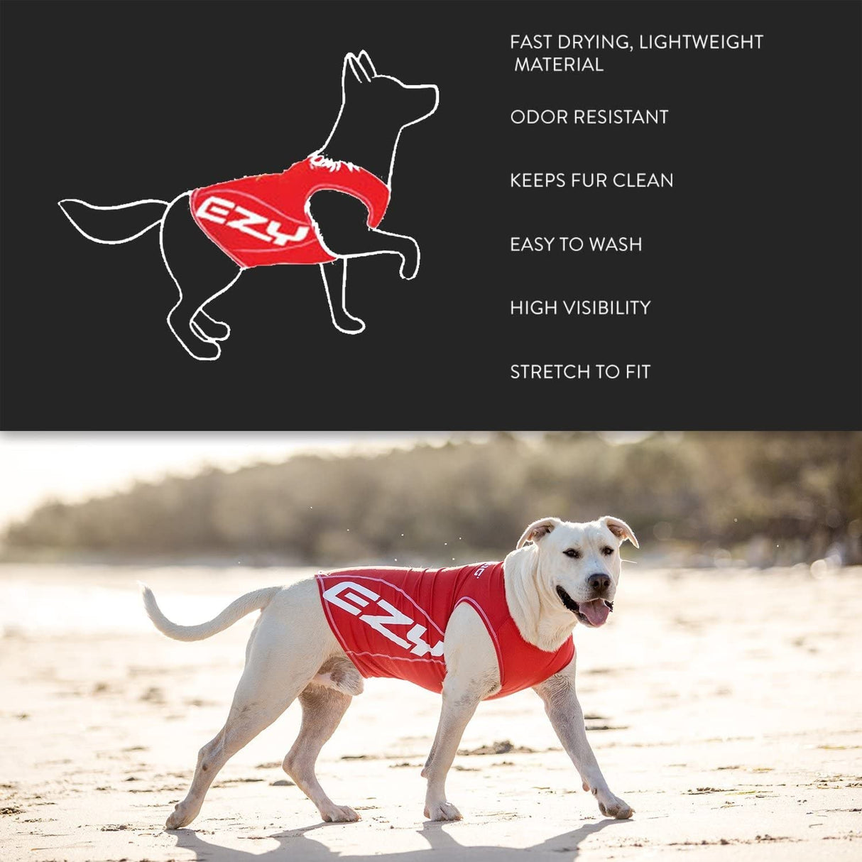 EzyDog Rashguard Vest - Premium Dog Shirt Allowing All-Day Water Use - Tested to Provide 50+ UV Protection - Innovative Design for a Snug, Comfortable Fit (Medium, Red)