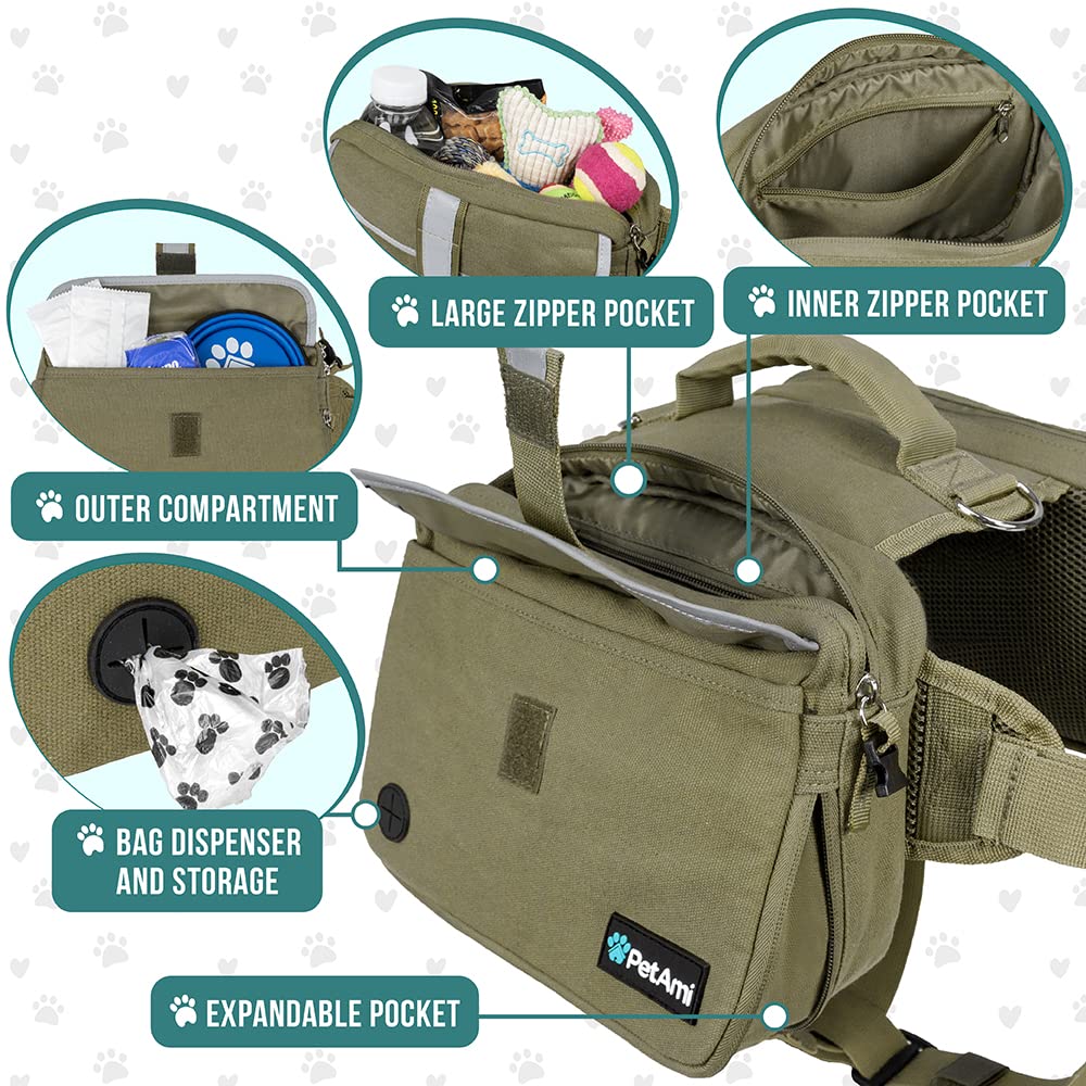 PetAmi Dog Backpack for Medium Large Dogs, Dog Saddle Bag For Dogs to Wear, Tactical Harness Saddlebag with Reflective Safety Side Pockets for Hiking Camping Vest Dog Pack Travel (Olive Green, Medium)