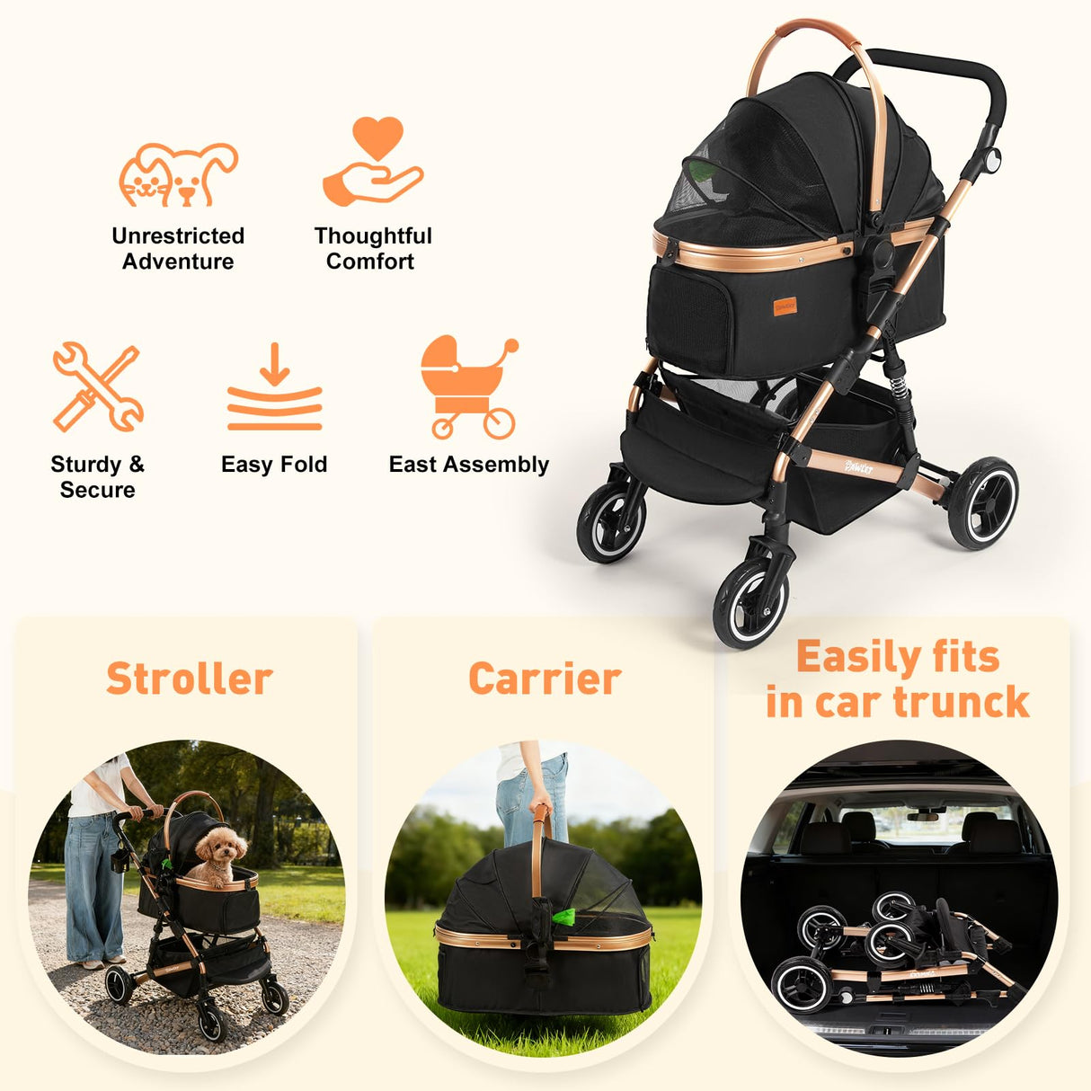 PAWLET Pet Stroller,Dog Stroller for Medium Dogs Up to 52 Lbs,Cat Strollers for 2 Cats with Waterproof Oxford Fiber Detachable Carrier,Poop Bag Dispenser,Adjustable Handle&Canopy,for Senior Dogs&Cats