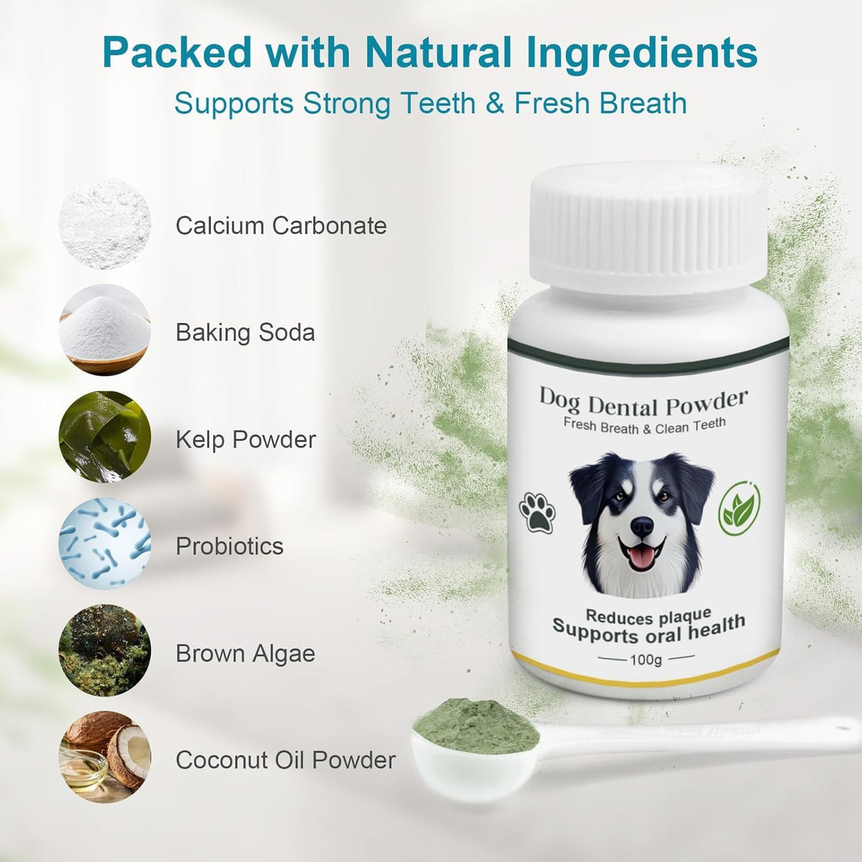 ELEVTC Dog Teeth Cleaning Powder 100g Fights Plaque & Tartar Freshens Breath All-Natural Ingredients for Dogs of All Breeds and Ages Easy to Use Dog Dental Powder