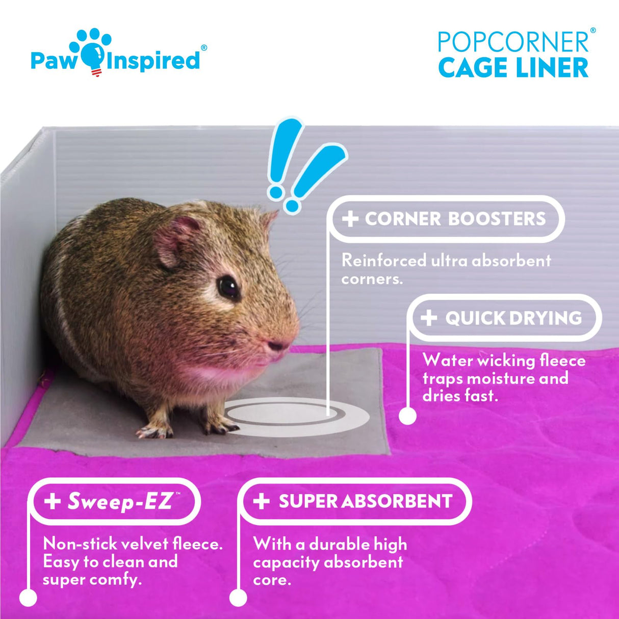 Paw Inspired PopCorner Guinea Pig Cage Liners | Washable Fleece Bedding or Pet Bed Mat for Small Animals | Super Absorbent Pee Pad with Reinforced Corners and Waterproof Bottom (C&C 2x4, Gray)