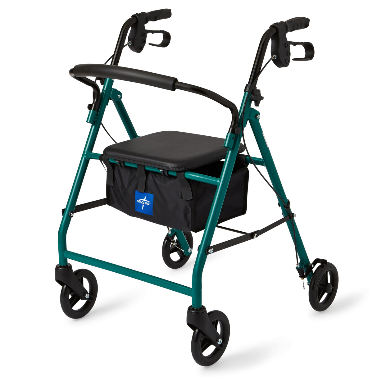 Medline Steel Foldable Adult Transport Rollator Mobility Walker with 6” Wheels, Green