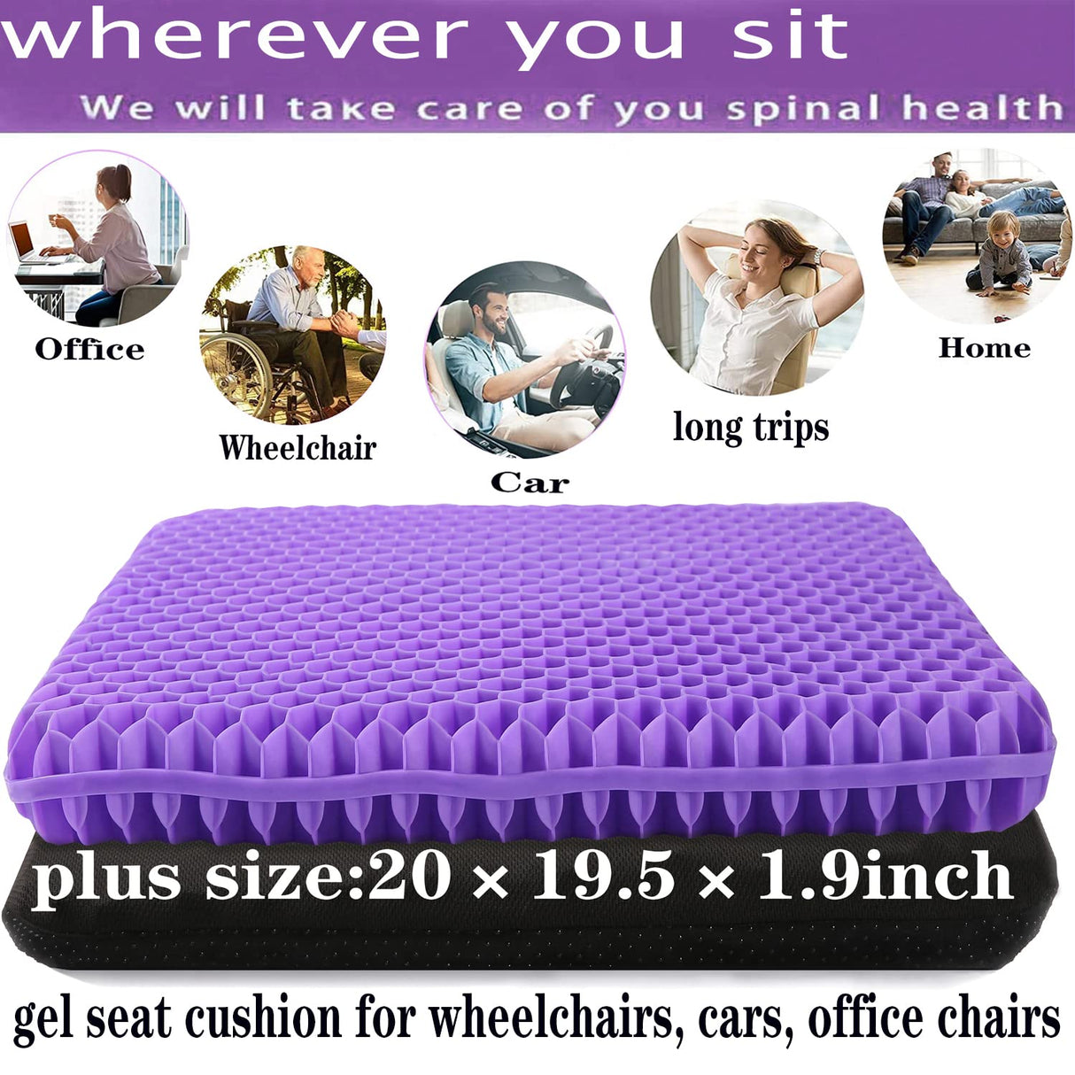 NC Gel Seat Cushion for Long Sitting, Pressure Relief pad, Back, Hip, Sciatica, Tailbone Pain Relief Cushion, Use for The Car, Office, Wheelchair, Stadium Bleachers, Outdoor Travel .(Purple)