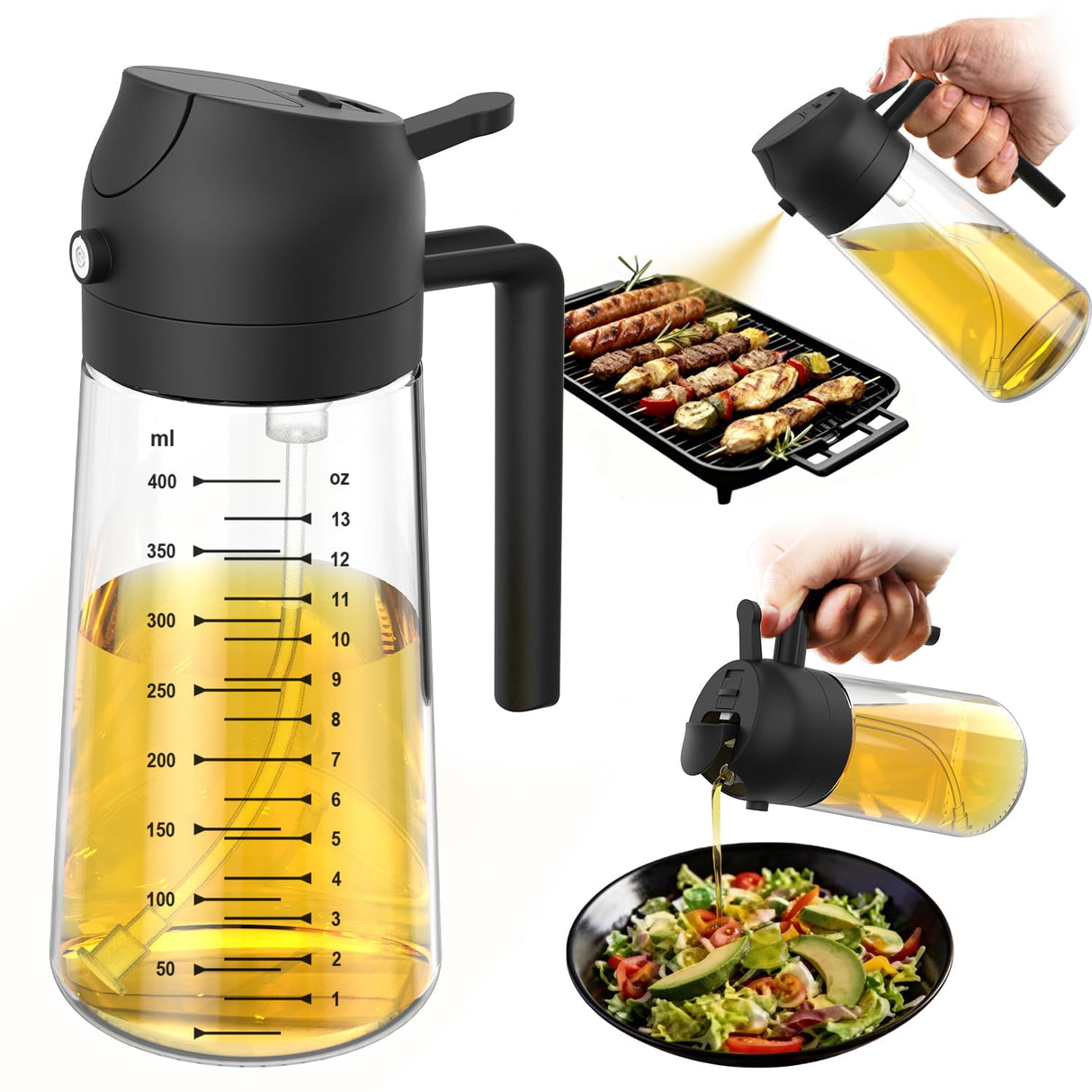 16oz/470ml Glass Olive Oil Sprayer for Cooking – 2 in 1 Olive Oil Dispenser Bottle for Kitchen Gadgets and Air Fryer Accessories, Salad, BBQ - Black