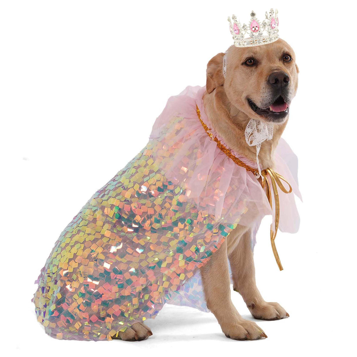 FLAdorepet Dog Princess Dress Costume with Rhinestones Crown,Pet Cat Cape Cloak Birthday Party Wedding Dress Up Outfits,Rainbow Mermaid Halloween Costume Clothes for Small Medium Large Dogs, Large