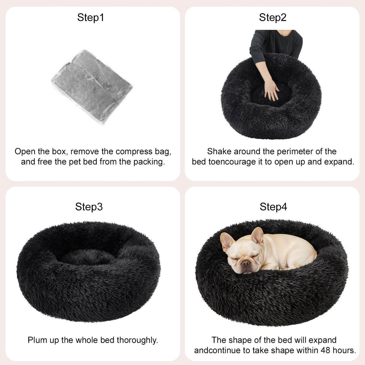Dog Calming Beds for Small Medium Large Dogs - Round Donut Washable Puppy Dog Bed, Anti-Slip Faux Fur Fluffy Donut Cuddle Anxiety Cat Pet Bed(20" Black
