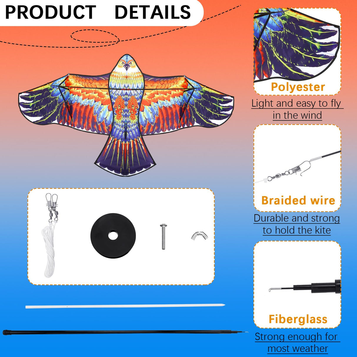 Sratte 2 Set Bird Scarer Flying Kite Eagle Deterrent Devices Outdoor Scare Birds Away Farm Protector Wind Power Professional Pigeon Scarer Eagle Kite with Pole for Lawn Crops (Blue, Colorful,Lively)