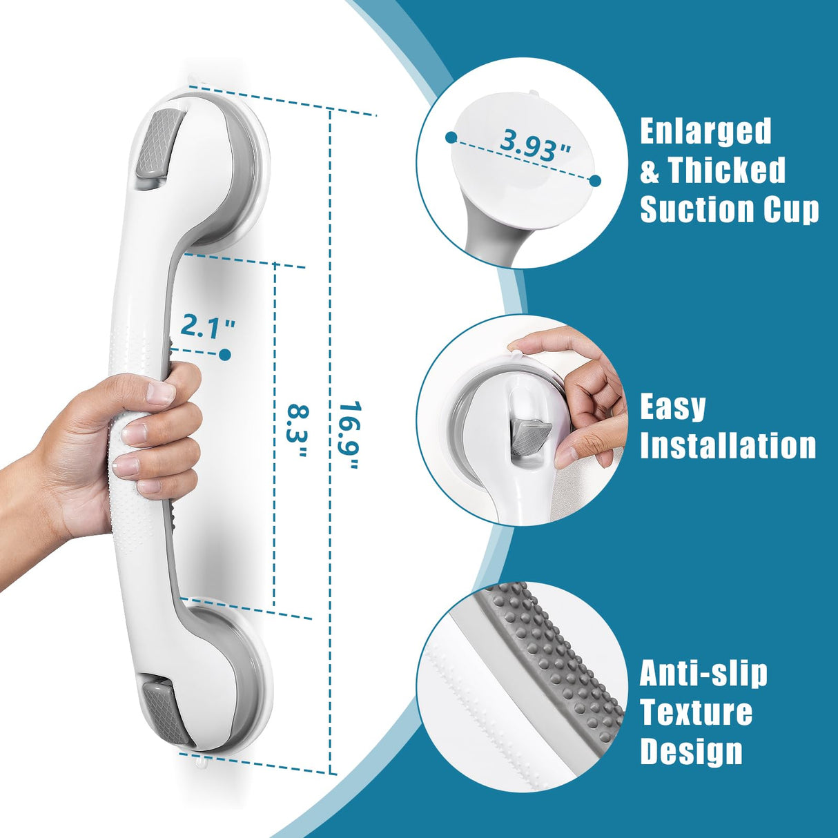 Grab Bars for Bathtubs and Showers, 16 Inch Shower Handle Heavy Duty Suction Cup Grab Bars for Shower Chair, Bathroom Safety Bar for Elderly (2 Pack)