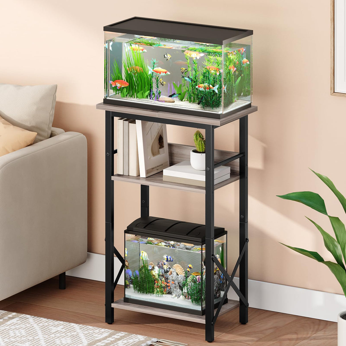 HOOBRO 10 Gallon Aquarium Stand, 3-Tier Fish Tank Stand with Storage, Reptile Turtle Tank Stand with Metal Frame, 20.5" L x 11" W , Greige BG52FT01
