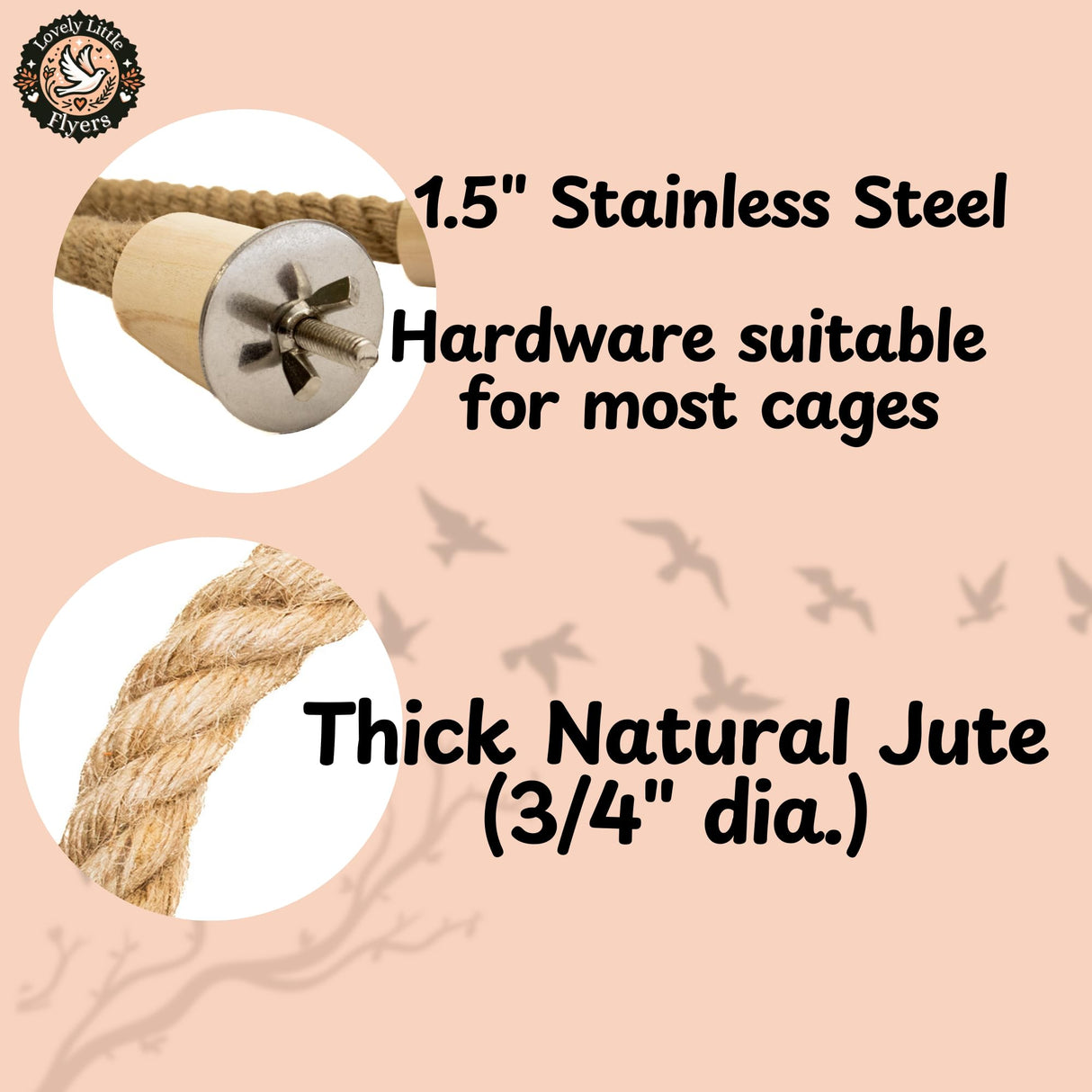 Lovely Little Flyers Bird Rope Perch for Parrots, Bendable Natural Jute Boing with Pine Wood and Stainless Steel Mount, Cotton Alternative, Cage Accessory for Parrots (Brown, 4 feet)