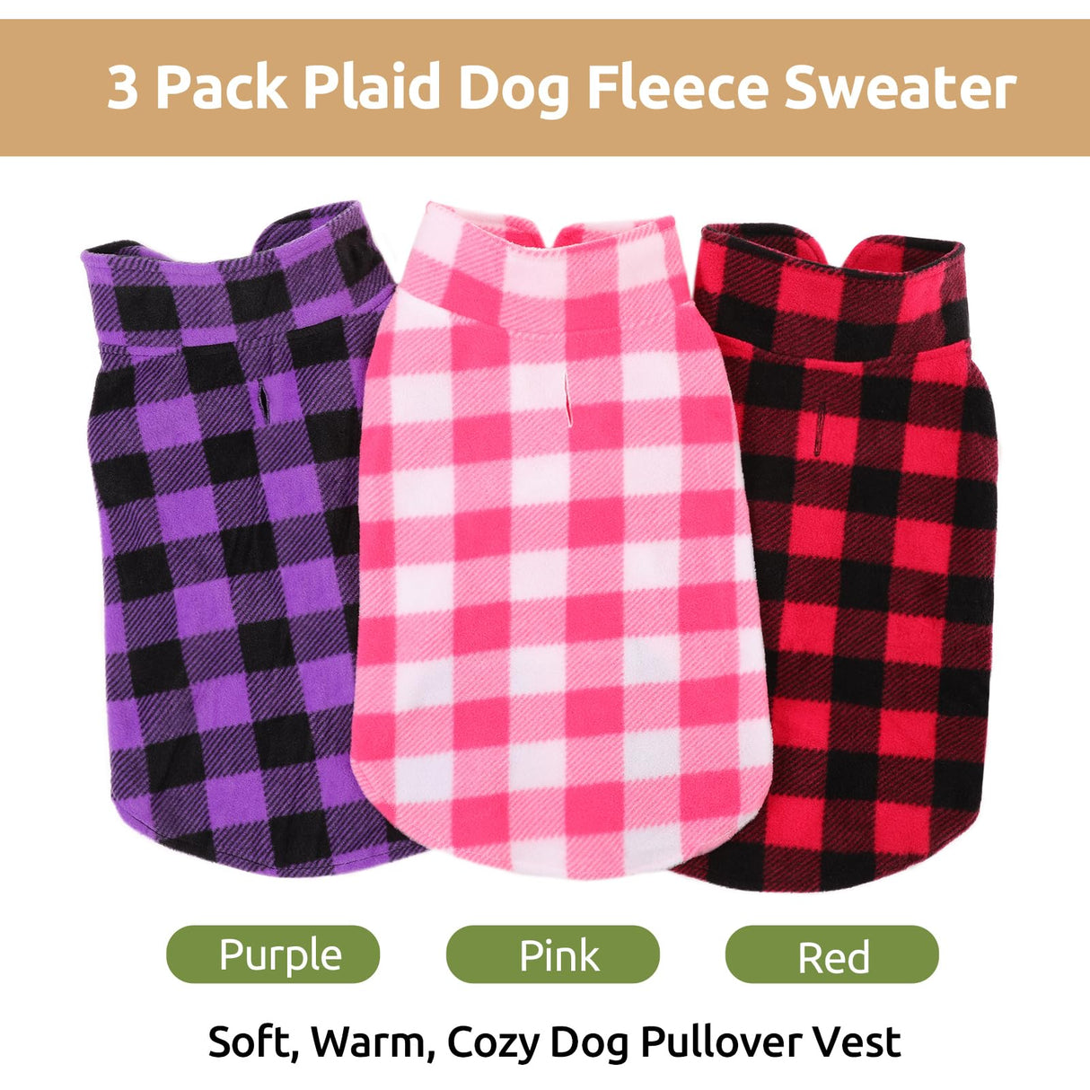 Kama Bridal 3 Pack Dog Coat - Spring, Autumn, Winter - Fleece Vest for Cats & Small/Medium Dogs - Red, Pink, Purple Plaid (L)