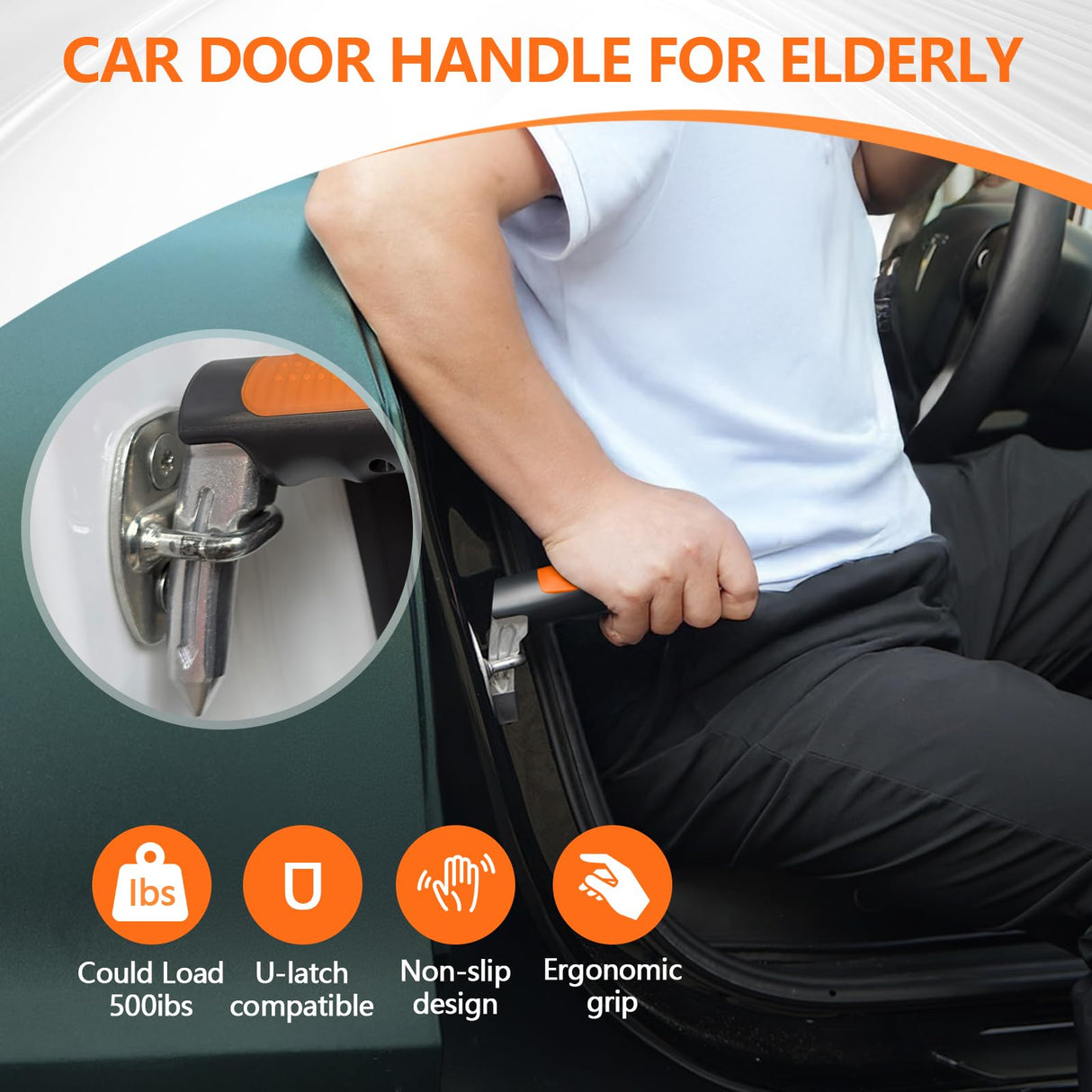 Kaiedos Car Door Handle for Elderly - 4 in 1 Auto Cane Portable Vehicle Support Handle Door Assist Bar, 2 Pack Car Handle Assist,Max Load: 500 Lbs, Anti-Slip Design (Orange)