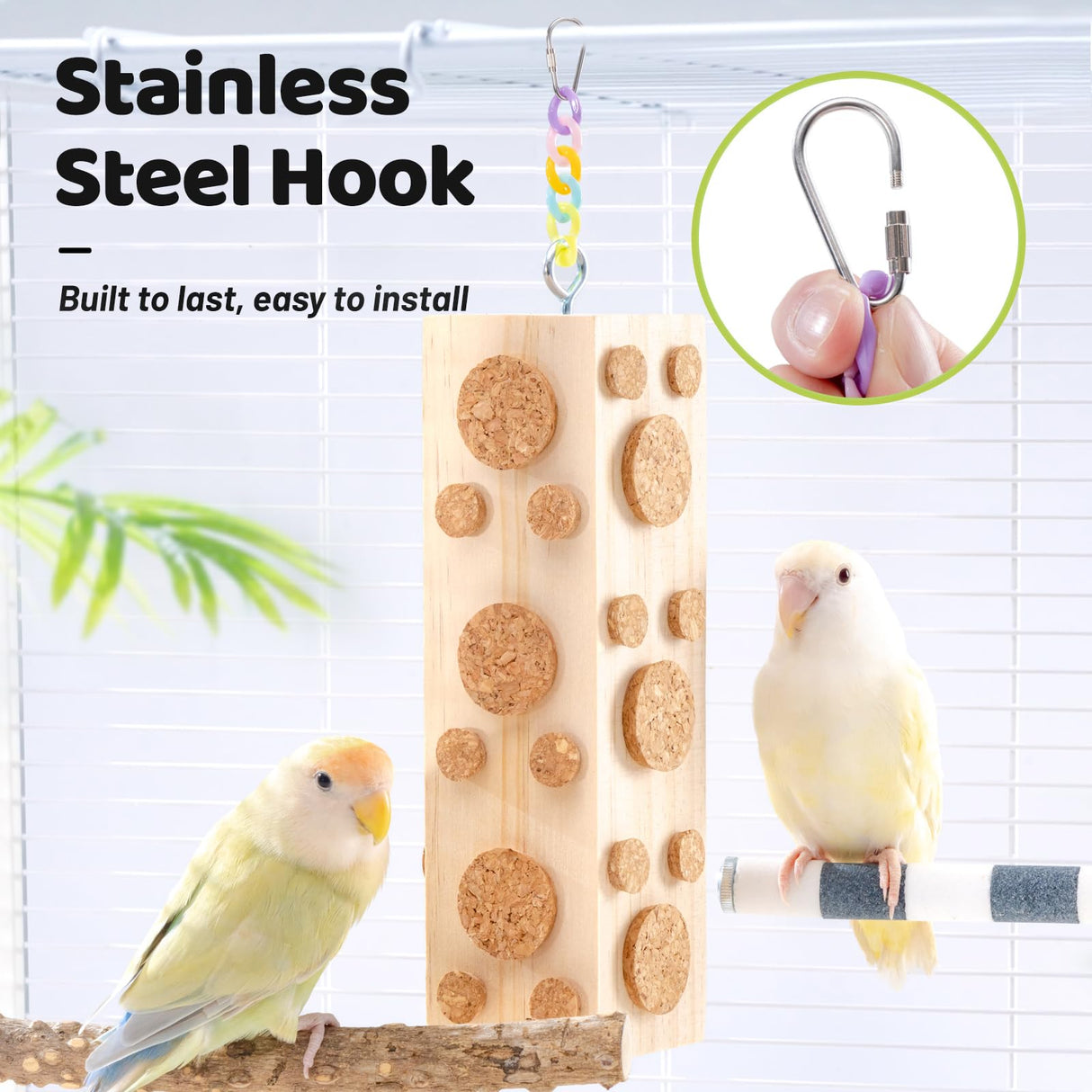 JONS NTY 2 Pcs Wooden Bird Chew Toys - 7.9 Inch Hanging Parrot Toys, with 92 Detachable Corks, Relieve Boredom & Anxiety, Foraging Toys, for Parakeet, Cockatiel, Conure, Budgie, Lovebird
