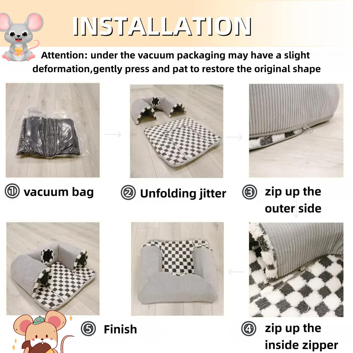 Lfokd Guinea Pig Hideout Tunnel with Warm Bed for Small Pet 3 Cave Small Animal Tunnel Toy Cages Grey