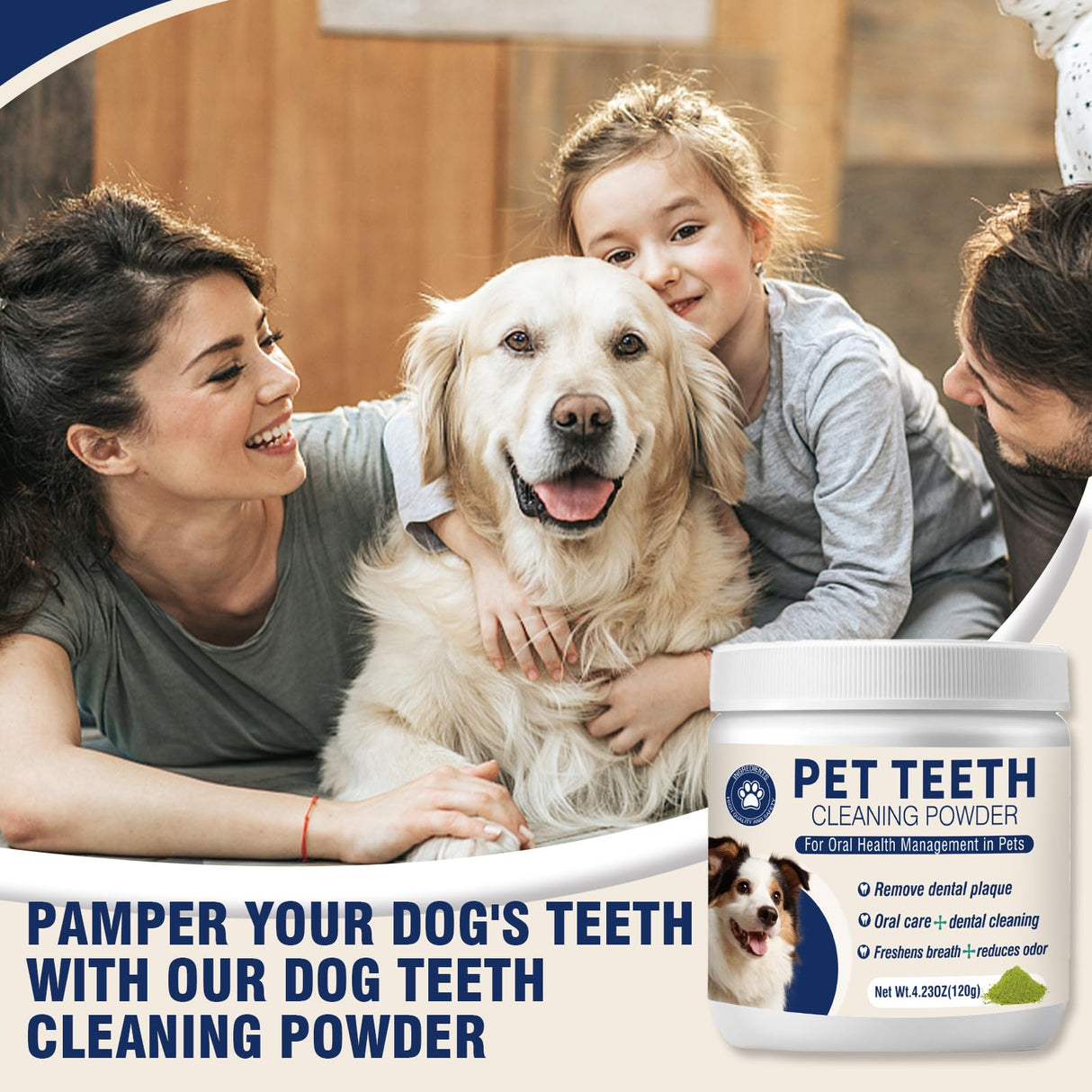 Dental Powder for Dogs Dog Teeth Cleaning Products Dog Tooth Cleaning Powder with Probiotics for Dogs Bad Breath Treatment Plaque and Tartar for Small Medium and Large Pet Dental Cleaner 120 Grams