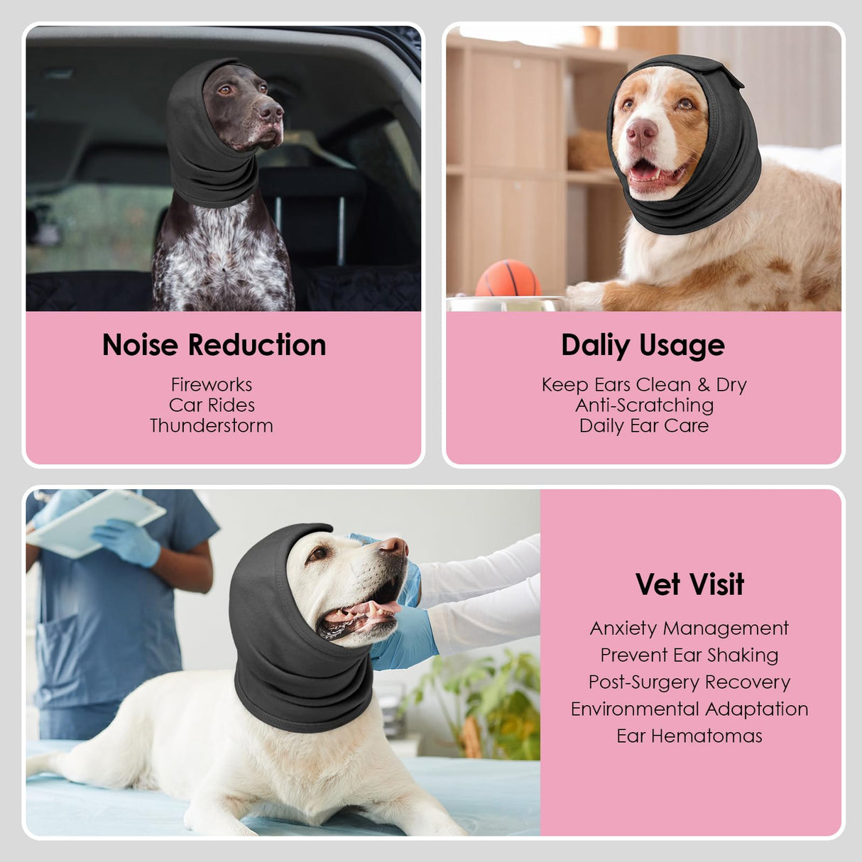 AOFITEE Dog Calming Hoodie, Anti-Slip Headband for Dog Hematoma, Adjustable Dog Ear Muffs Cover for Noise Anxiety, Dog No Shake Ear Wrap for Grooming, Fireworks, Thunderstorms, Drying, Grey XL