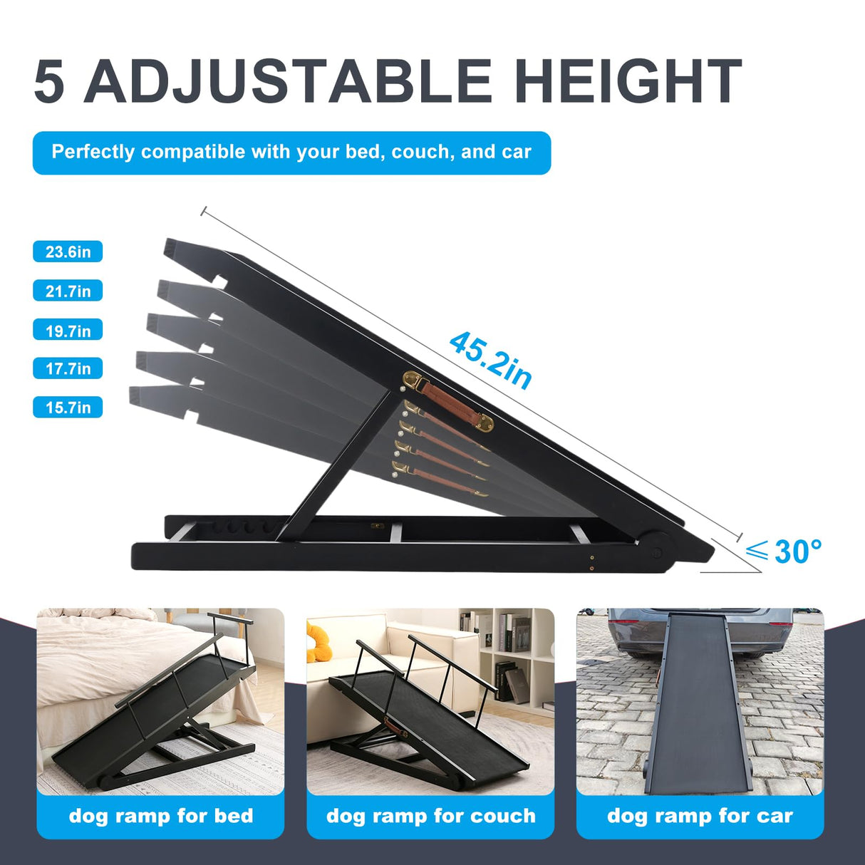 Dog Ramp for Bed and Couch- 5 Height Adjustable Premium Solid Wood Pet Ramp for Small, Medium Dogs, Collapsible Anti-Slip Dog Ramp for Sofa, Couch & Beds (Black, 115)
