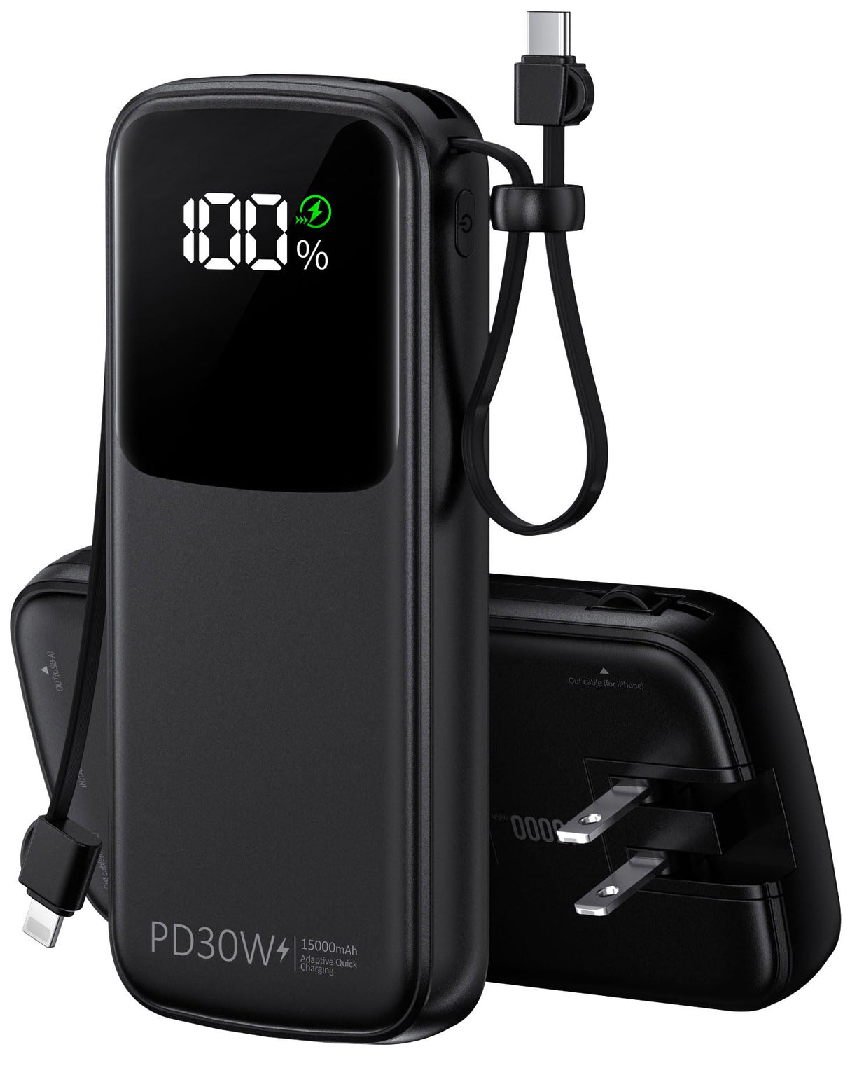 Portable Charger, Power Bank, 15000mAh Battery Pack Fast Charging Lightweight, Built-in AC Wall Plug and 2 Output Cables with LED Display for iPhone15 14 13 12 11 Samsung iPad etc(Deep Black)