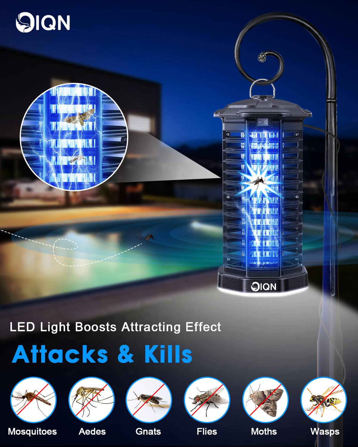 IQN Bug Zapper, Mosquito Fly Zapper Outdoor w/LED Light, Plug in Electric Mosquito Fly Traps Killer -Easy to Hang for Home, Patio, Backyard(Black