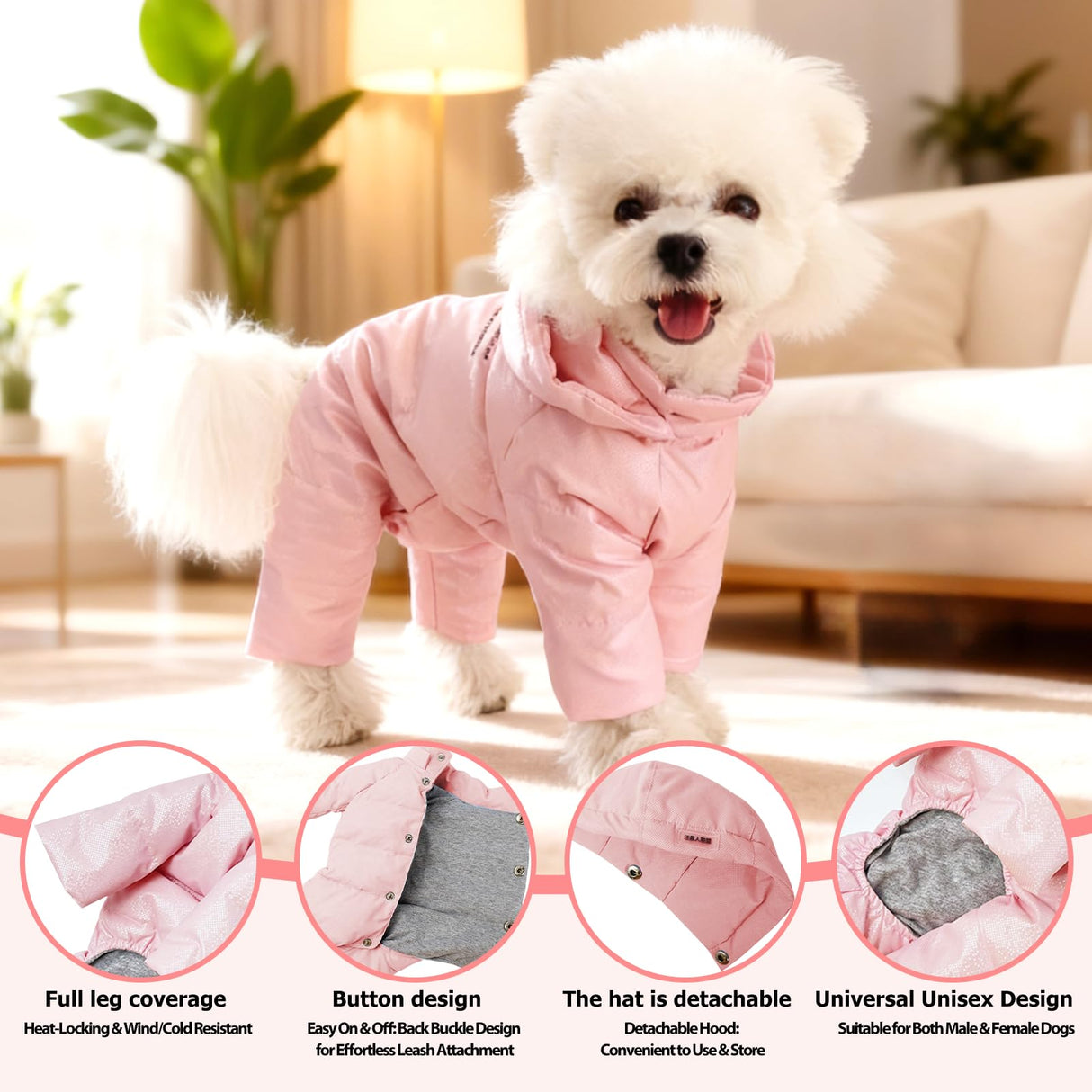 PawUnion White Duck Down Dog Coat - 4-Leg Coverage, Waterproof Windproof Warm Winter Snowsuit, Cotton Anti-Static Lining, Built-in Harness Hole for Small/Medium Dogs,Size 16(XXL) Pink