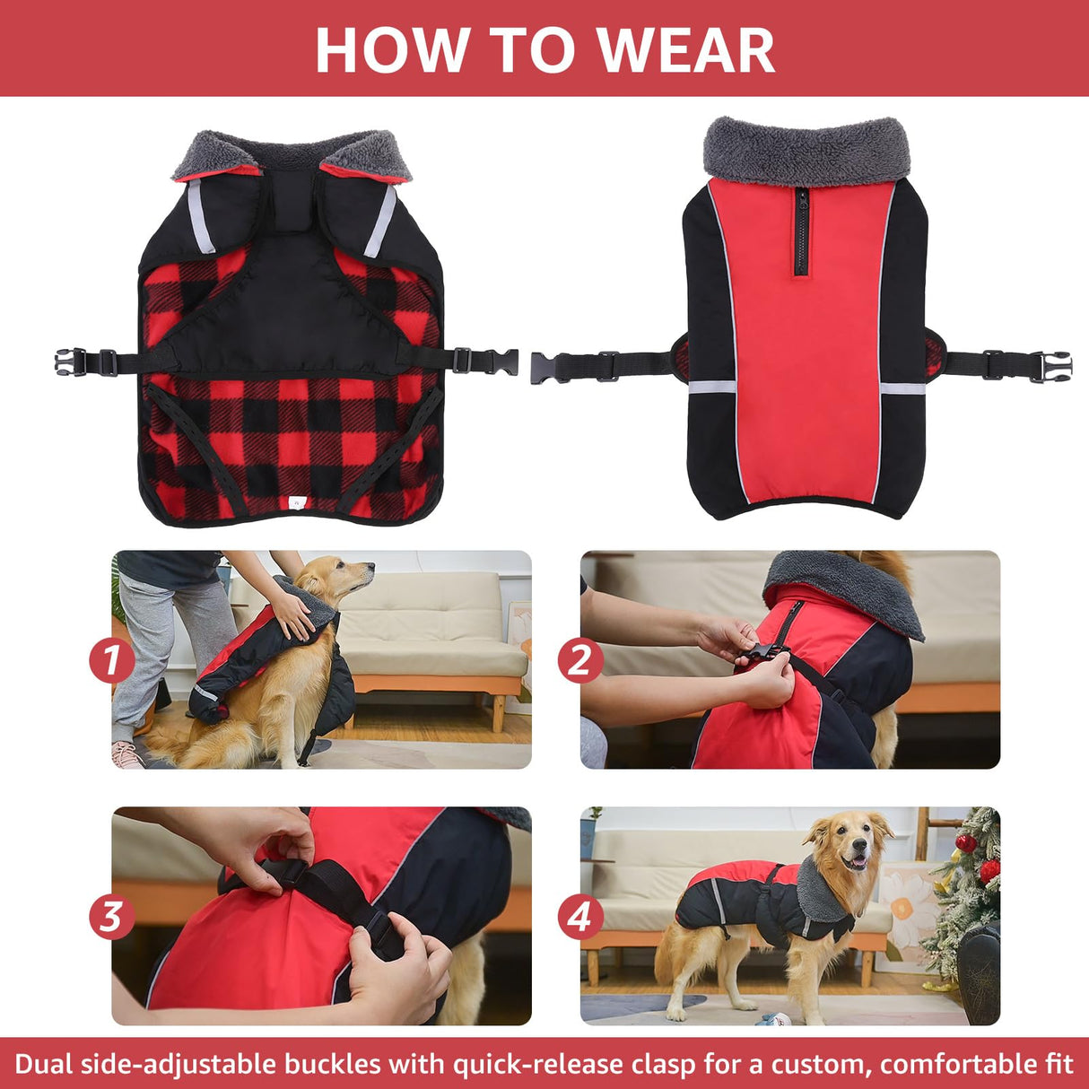 SCENEREAL Warm Dog Coat - Waterproof Dog Jacket for Large Dogs, Fleece Vest with Adjustable Buckle & Leash Hole, Windproof Reflective Cold Weather Coats for Small Medium Large Dogs, XL