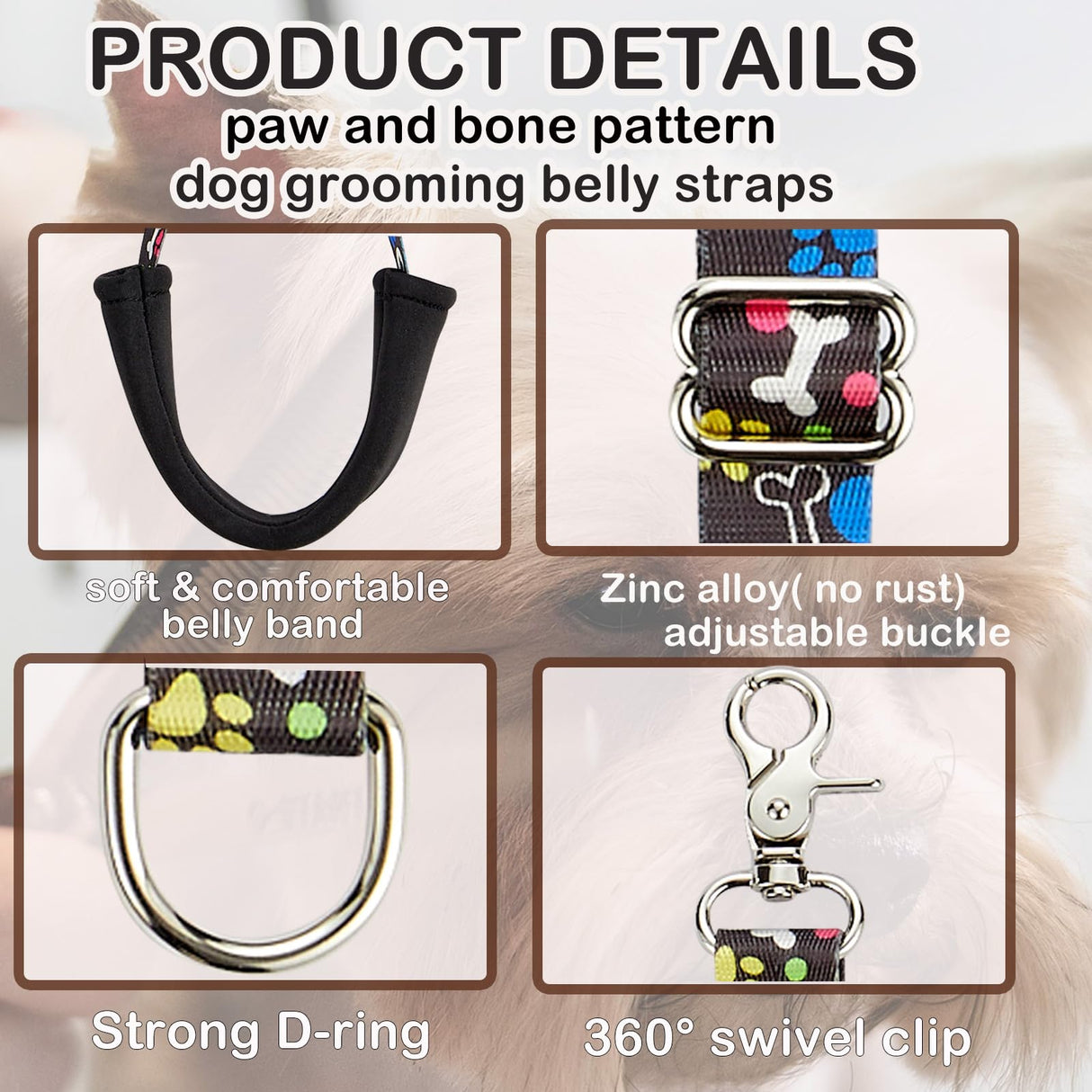 Dog Grooming Belly Straps – Adjustable Grooming Loops with Cute Paw & Bone Pattern Pet Grooming Belly Support Band Table Accessories for Small Medium Large Dogs(Light Pink)