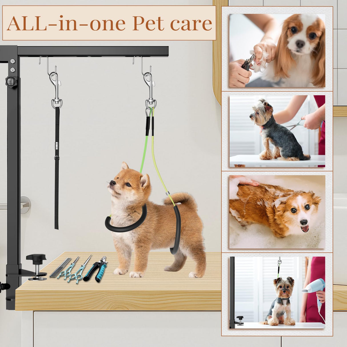 Mot Ycse Professional Dog Grooming Table Arm with Hammock, Scissors, Nail Clipper Kit - Adjustable Grooming Arm Restraint System for Small Medium Pets at Home or Salon(Gray)