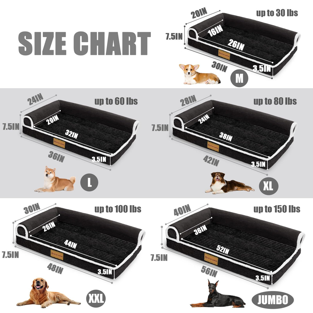 Patas Lague Orthopedic XL Dog Bed Large Sized Dog 48''X30'', Waterproof Comfortable L Bolster Big Extra Large Non-Slip Soft Warm Pet Crate Bed Sleep Sofa mat with Removable Washable Cover, Black